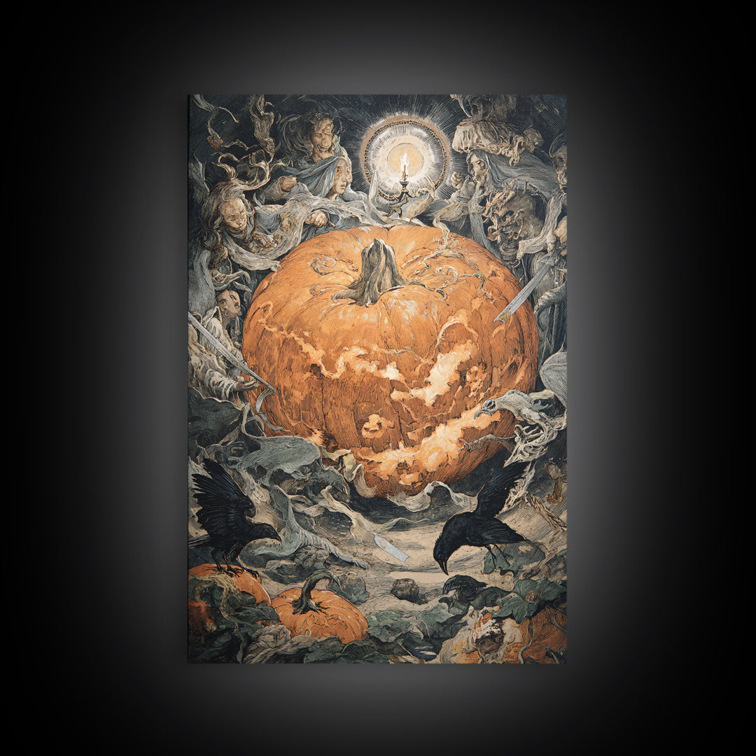 The Pumpkin-Carving Ritual, Dark Renaissance Art, Vertical Wall Art, Macabre Wall Art, Framed Canvas Print, Halloween Wall Art