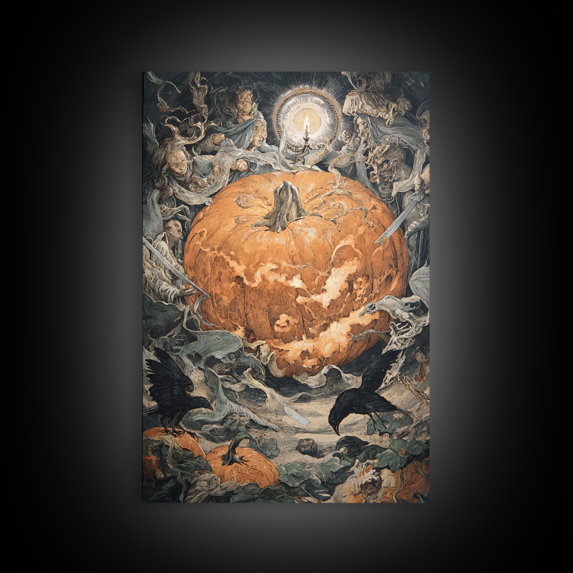 The Pumpkin-Carving Ritual, Dark Renaissance Art, Vertical Wall Art, Macabre Wall Art, Framed Canvas Print, Halloween Wall Art