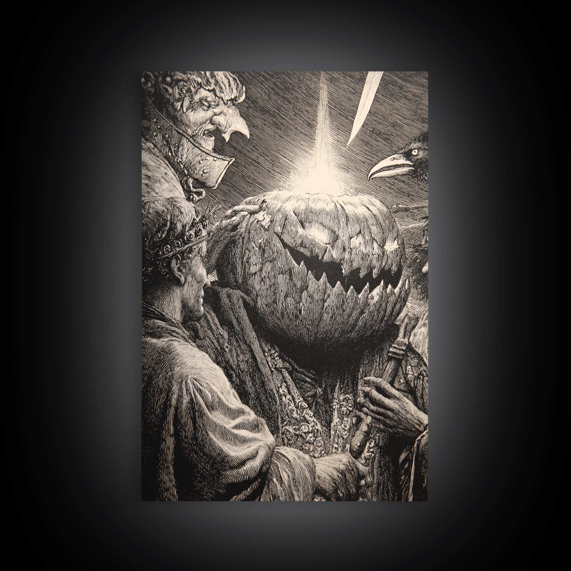 The Pumpkin-Carving Ritual, Renaissance Engraving Art, Vertical Wall Art, Dark Fantasy Wall Art, Framed Canvas Print, Halloween Wall Art