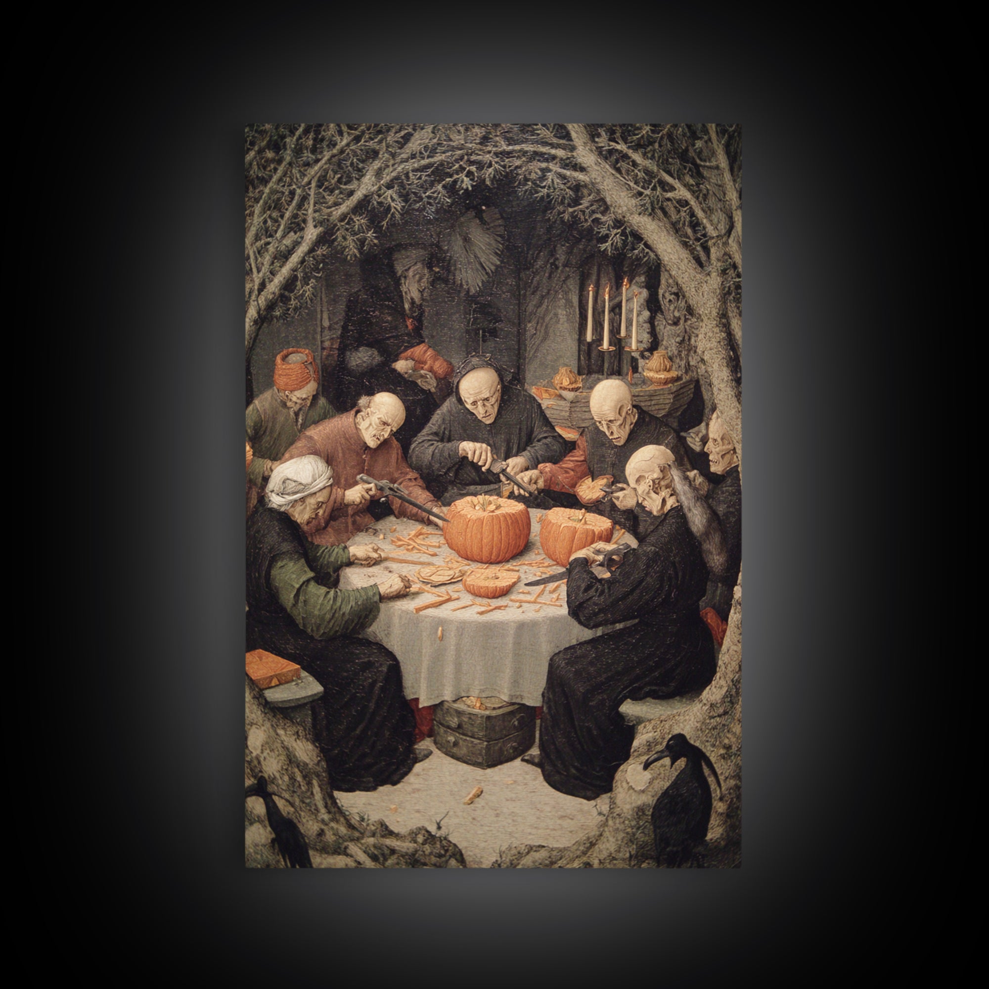 The Pumpkin-Carving Ritual, Danse Macabre Art, Vertical Wall Art, Dark Fantasy Wall Art, Canvas Print, Horror Wall Art
