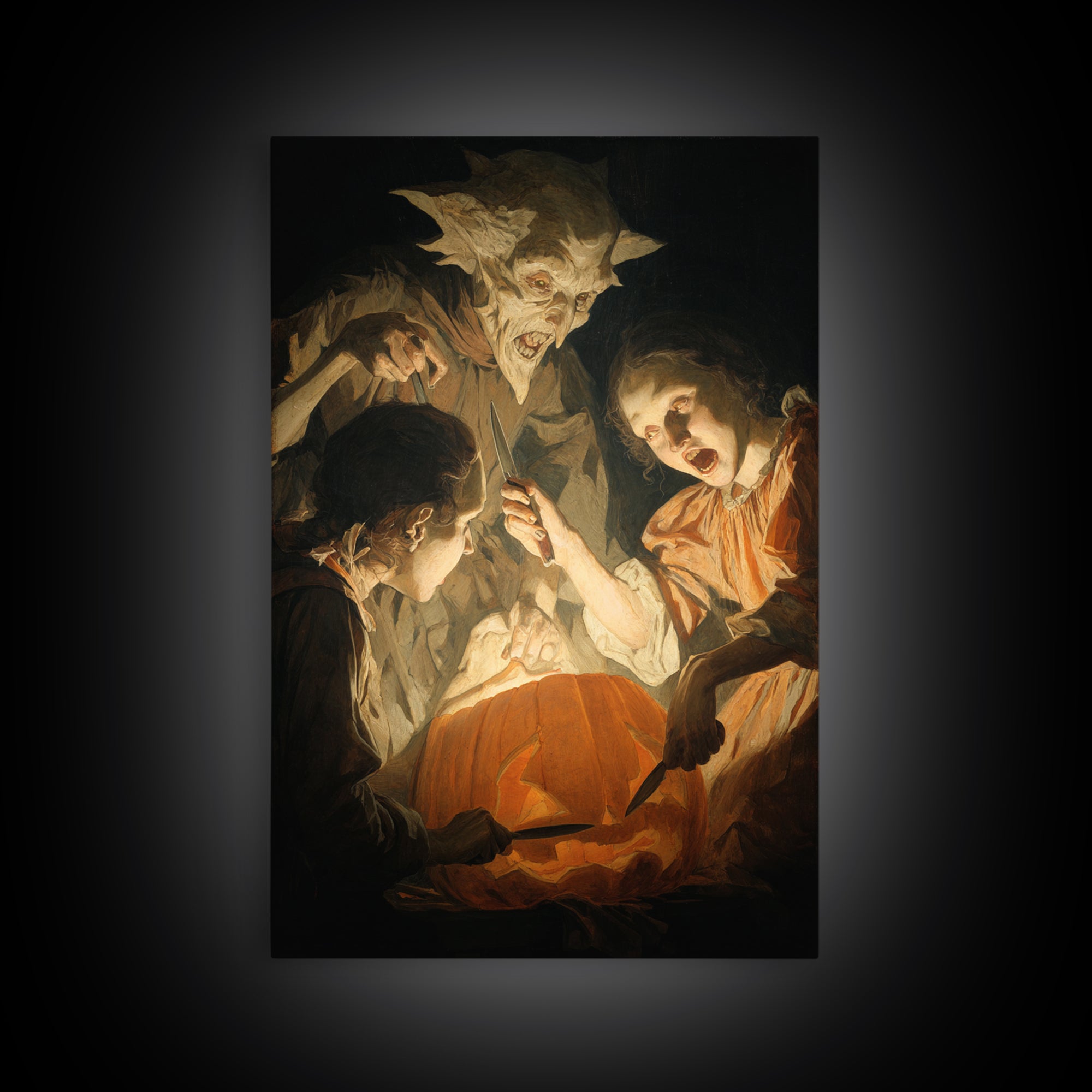 The Pumpkin-Carving Ritual, Gothic Nightmare Art, Vertical Wall Art, Macabre Wall Art, Canvas Print, Halloween Wall Art