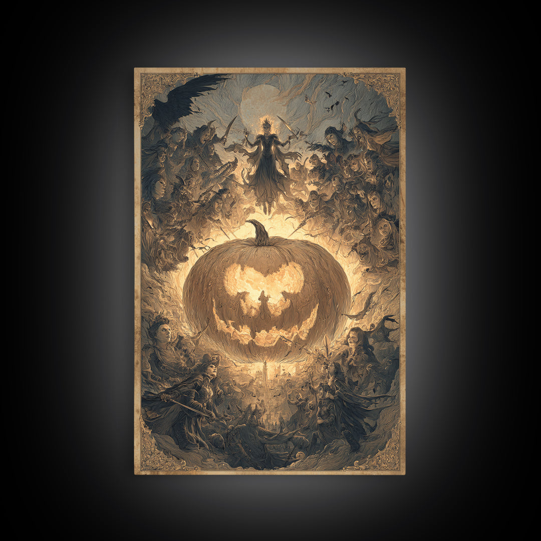 The Pumpkin-Carving Ritual, Visionary Gothic Art, Vertical Wall Art, Macabre Wall Art, Framed Canvas Print, Halloween Wall Art