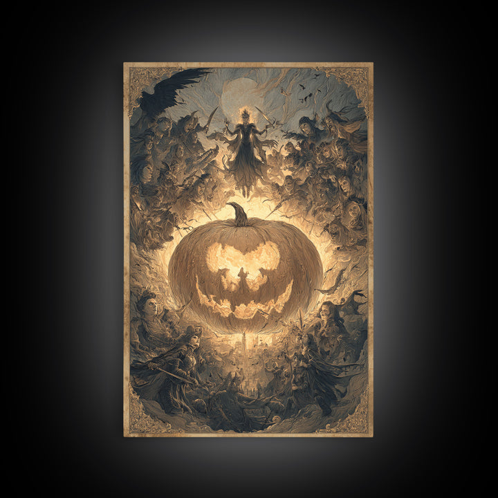 The Pumpkin-Carving Ritual, Visionary Gothic Art, Vertical Wall Art, Macabre Wall Art, Framed Canvas Print, Halloween Wall Art