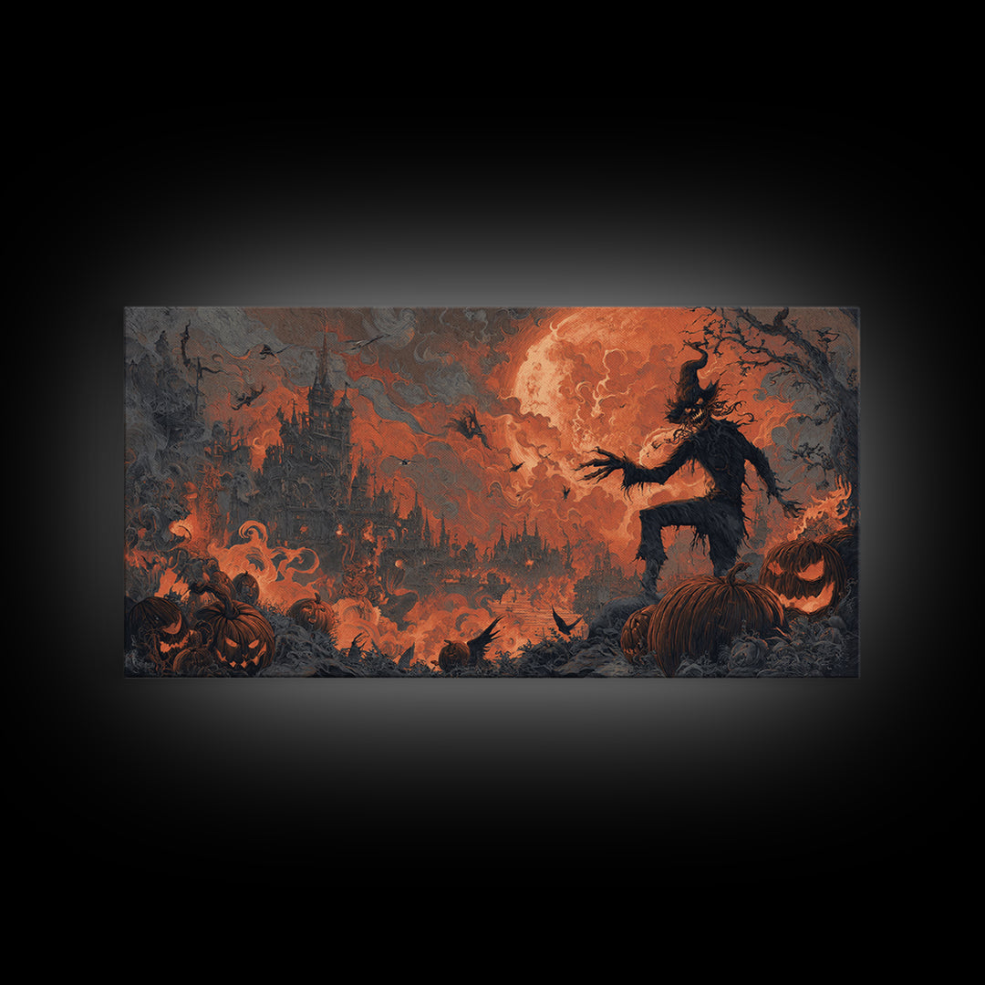 The Pumpkin-Carving Ritual, Apocalyptic Romantic Art, Wide Panoramic Art, Dark Halloween Decor, Canvas Print, Halloween Wall Art