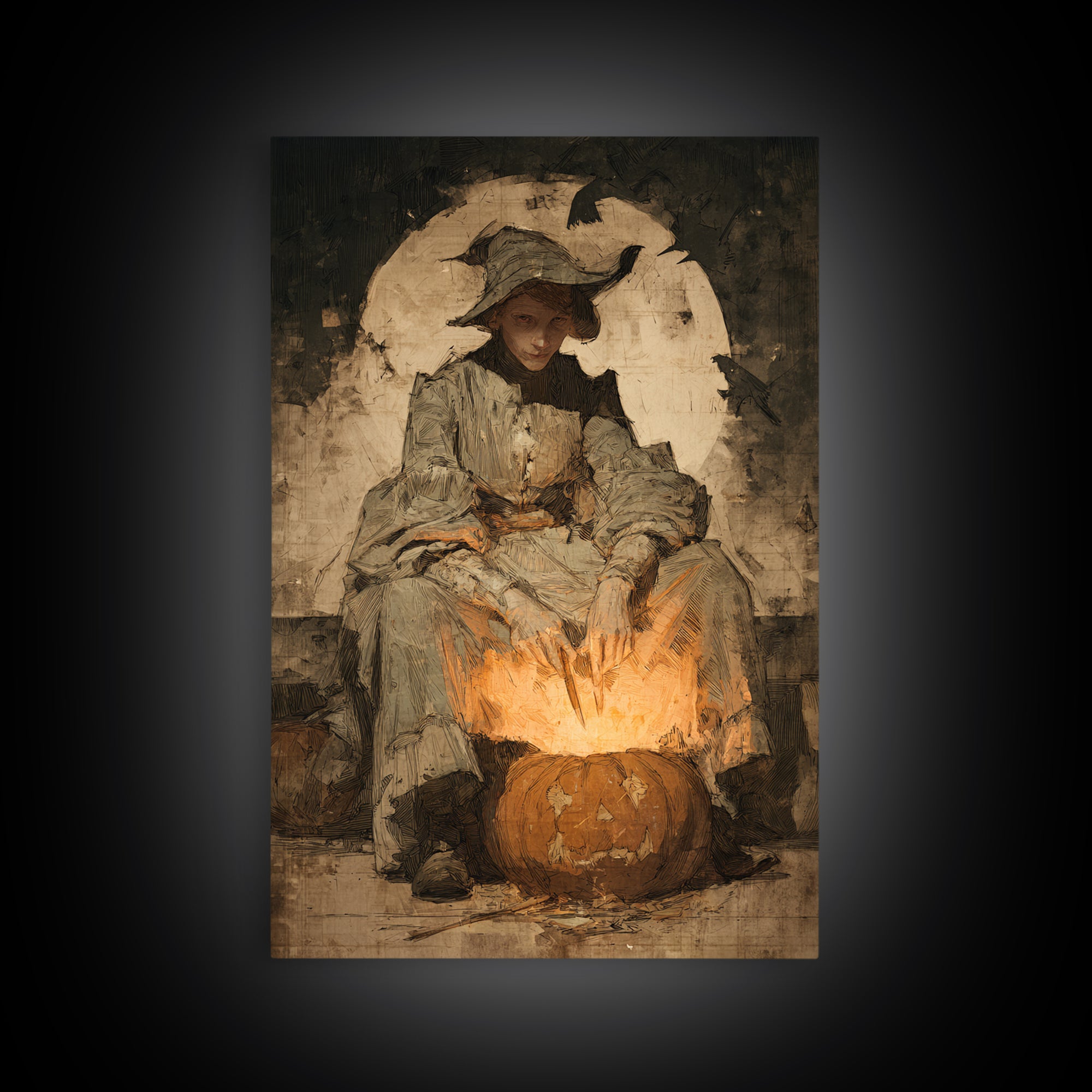 The Pumpkin-Carving Ritual, Decadent Gothic Art, Vertical Wall Art, Macabre Wall Art, Canvas Print, Halloween Wall Art