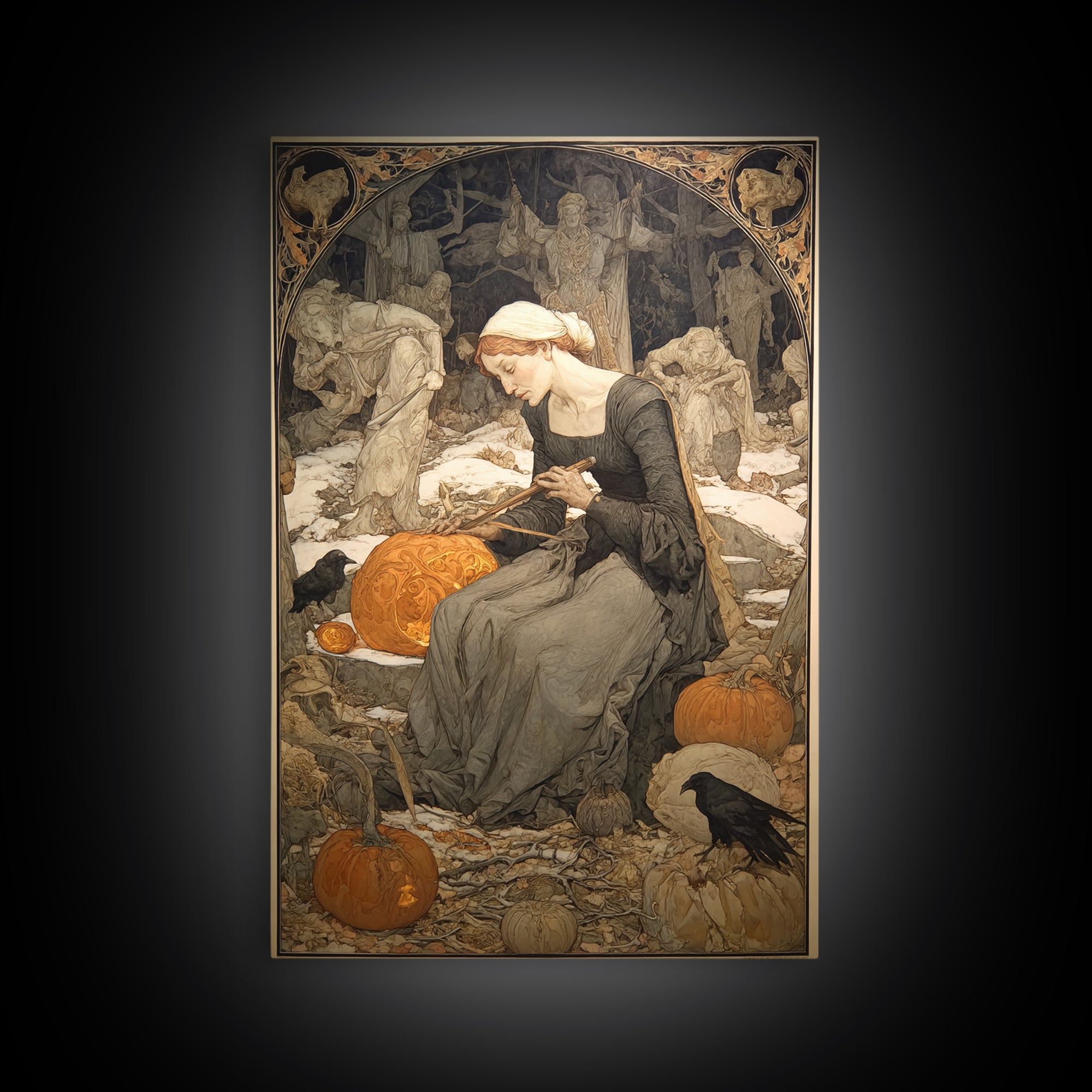 The Pumpkin-Carving Ritual, Symbolist Death Art, Vertical Wall Art, Gothic Horror Wall Art, Framed Canvas Print, Halloween Wall Art