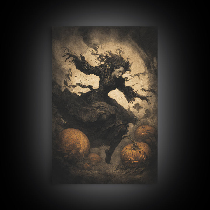 The Pumpkin-Carving Ritual, Dark Symbolist Art, Vertical Wall Art, Gothic Horror Wall Art, Framed Canvas Print, Halloween Wall Art