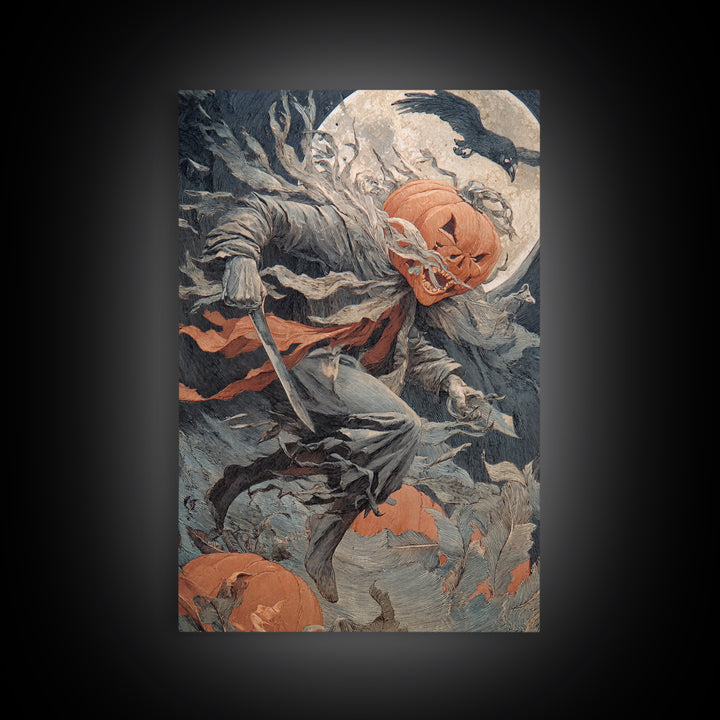 The Pumpkin-Carving Ritual, Symbolist Etching Art, Vertical Wall Art, Dark Halloween Decor, Framed Canvas Print, Halloween Wall Art