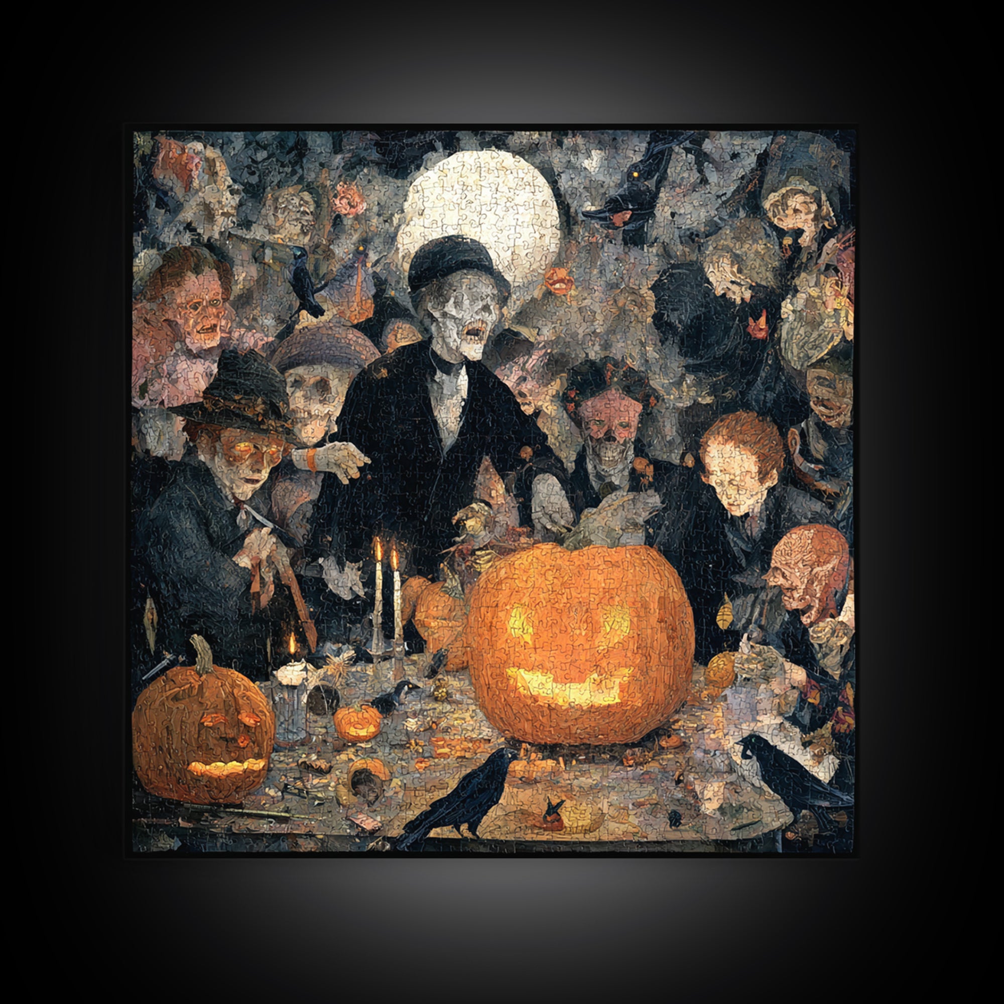 The Pumpkin-Carving Ritual, Grotesque Carnival Art, Square Wall Art, Dark Halloween Decor, Framed Canvas Print, Halloween Wall Art