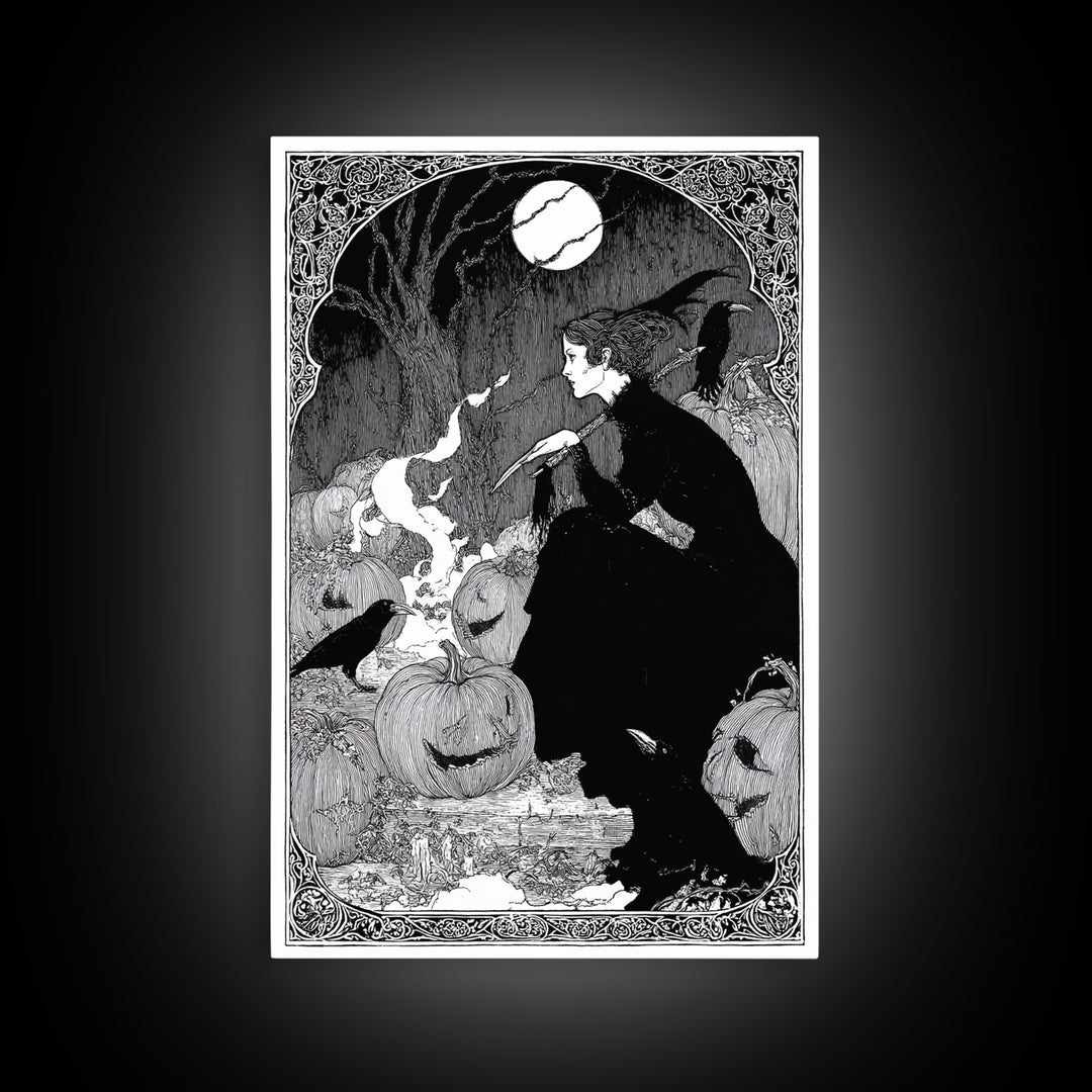 The Pumpkin-Carving Ritual, Decadent Line Art, Vertical Wall Art, Gothic Horror Wall Art, Canvas Print, Halloween Wall Art