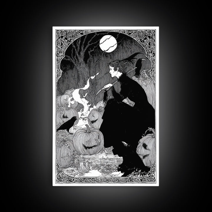 The Pumpkin-Carving Ritual, Decadent Line Art, Vertical Wall Art, Gothic Horror Wall Art, Canvas Print, Halloween Wall Art
