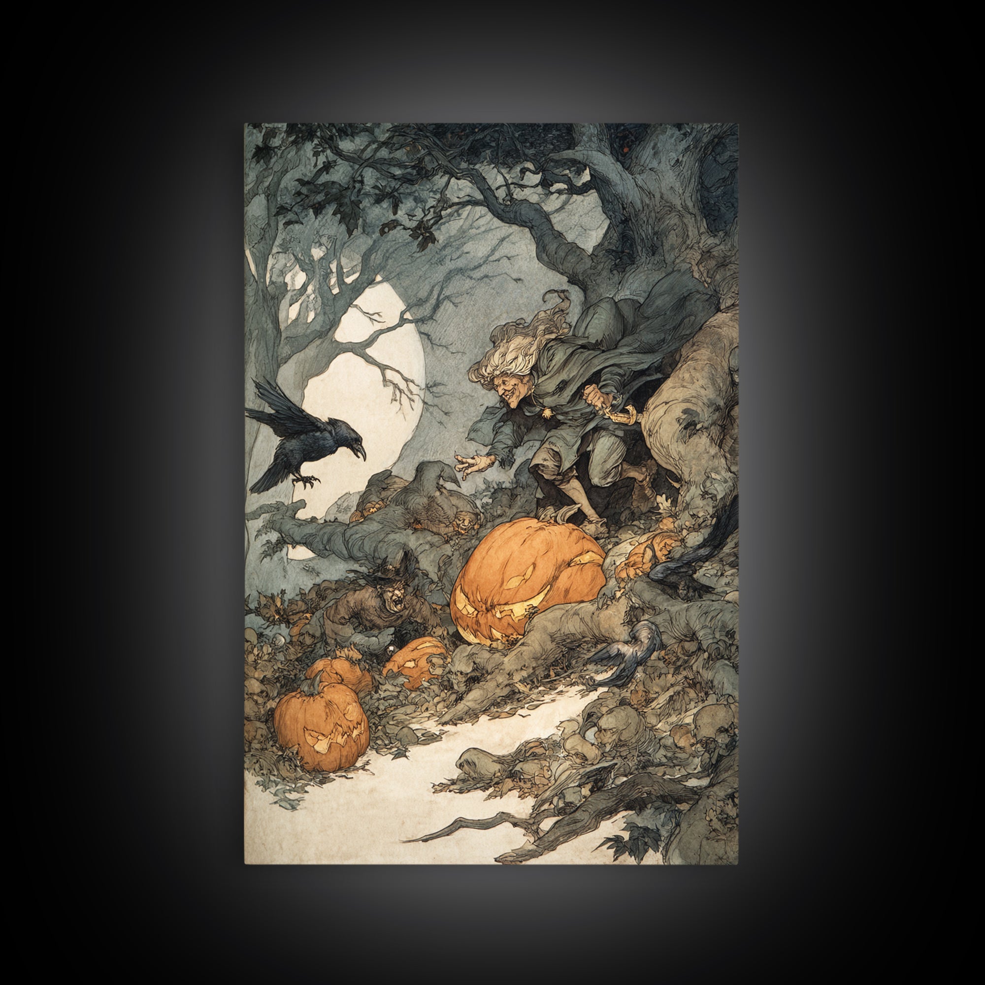 The Pumpkin-Carving Ritual, Gothic Storybook Art, Vertical Wall Art, Macabre Wall Art, Framed Canvas Print, Halloween Wall Art