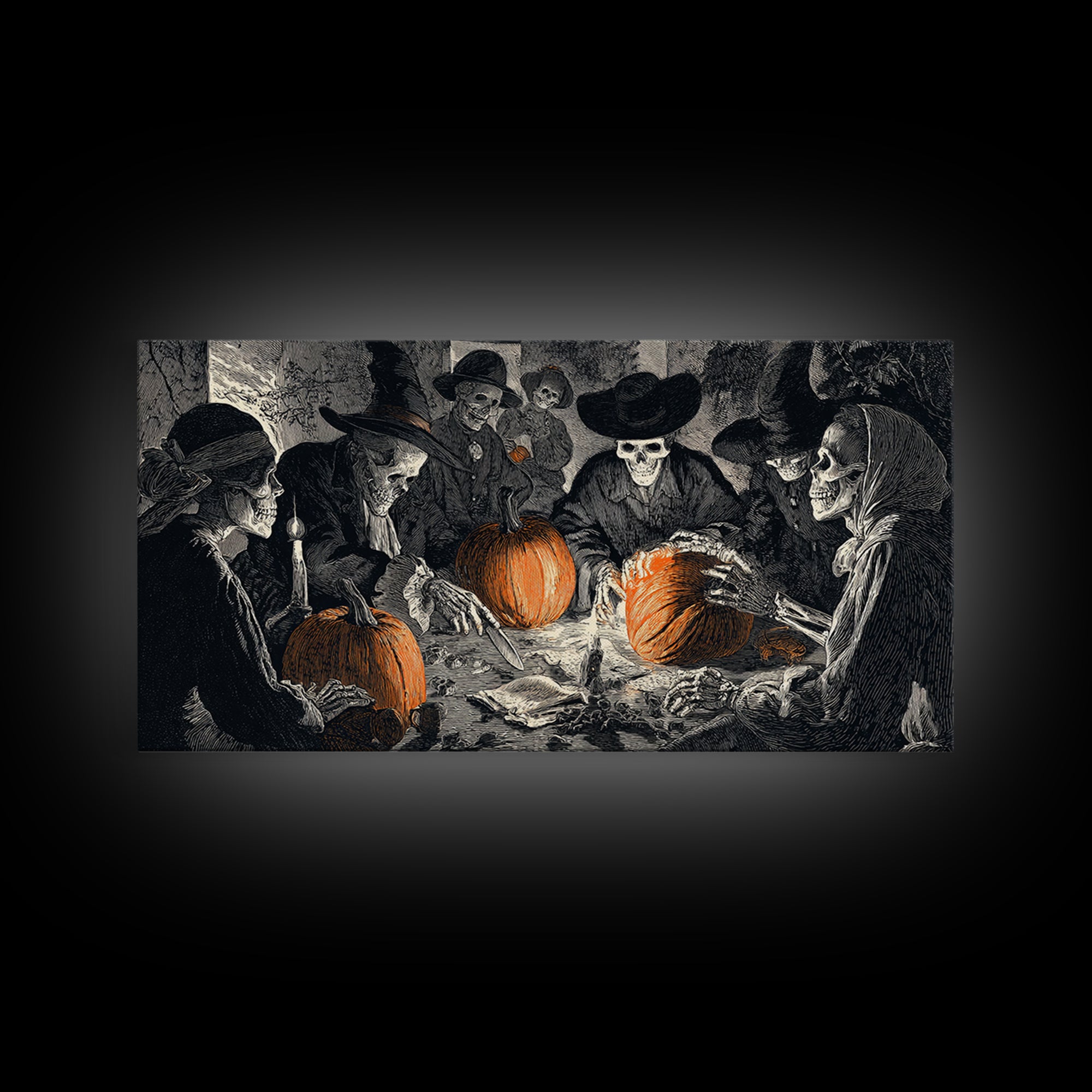 The Pumpkin-Carving Ritual, Macabre Folk Print Art, Wide Panoramic Art, Dark Halloween Decor, Canvas Print, Halloween Wall Art