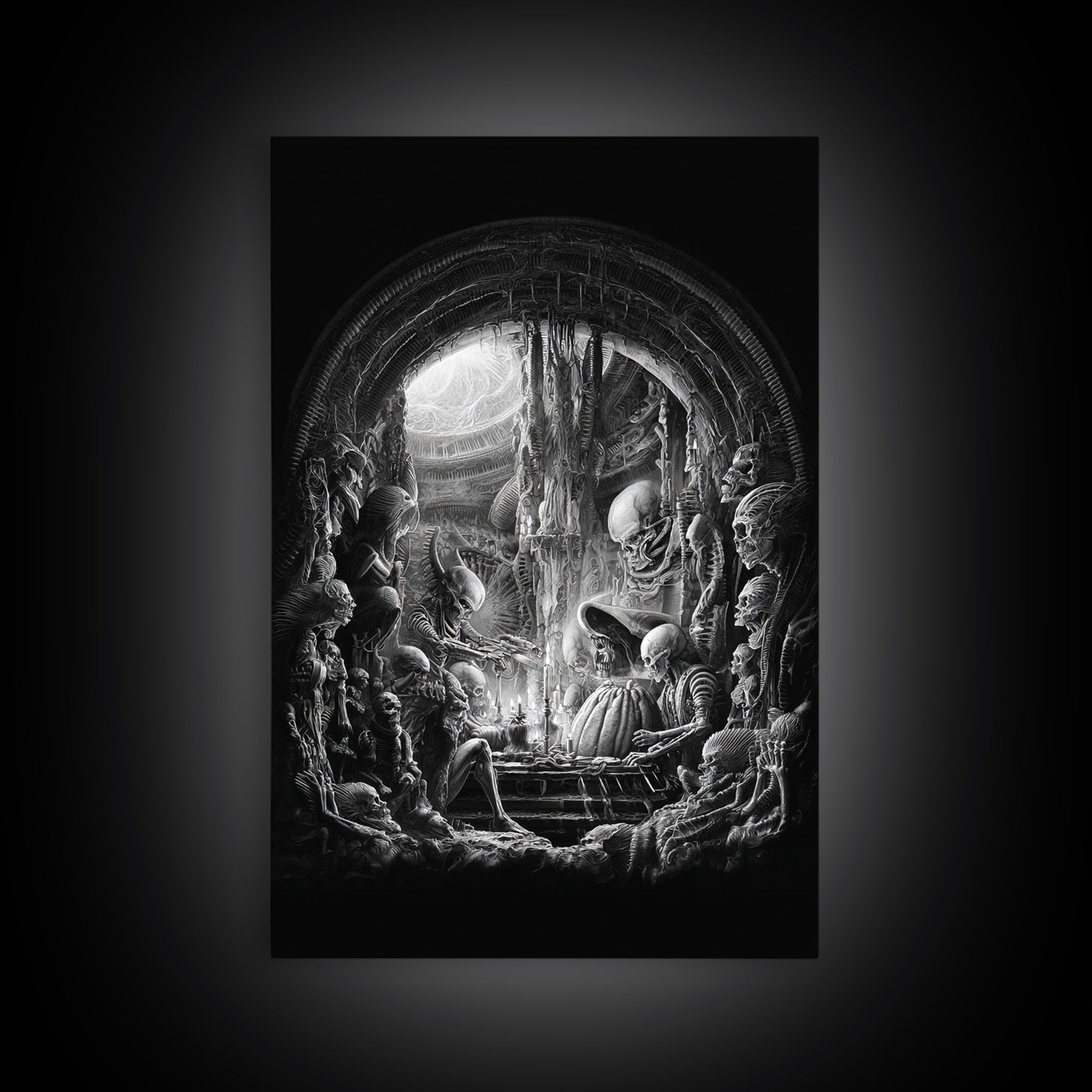 The Pumpkin-Carving Ritual, Biomechanical Horror Art, Vertical Wall Art, Dark Halloween Decor, Canvas Print, Halloween Wall Art