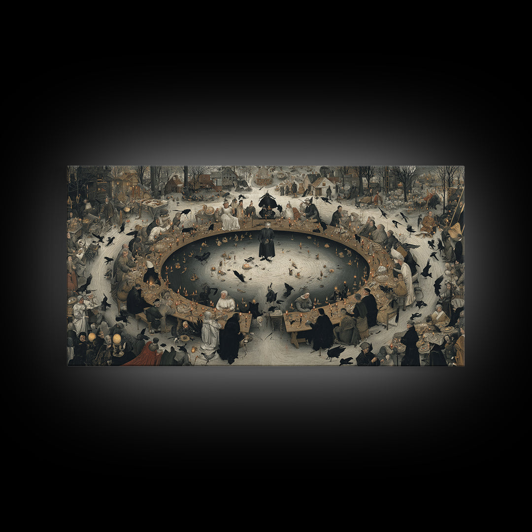The Candlelit Seance, Northern Renaissance Horror, Wide Panoramic Art, Dark Halloween Decor, Canvas Print, Halloween Wall Art