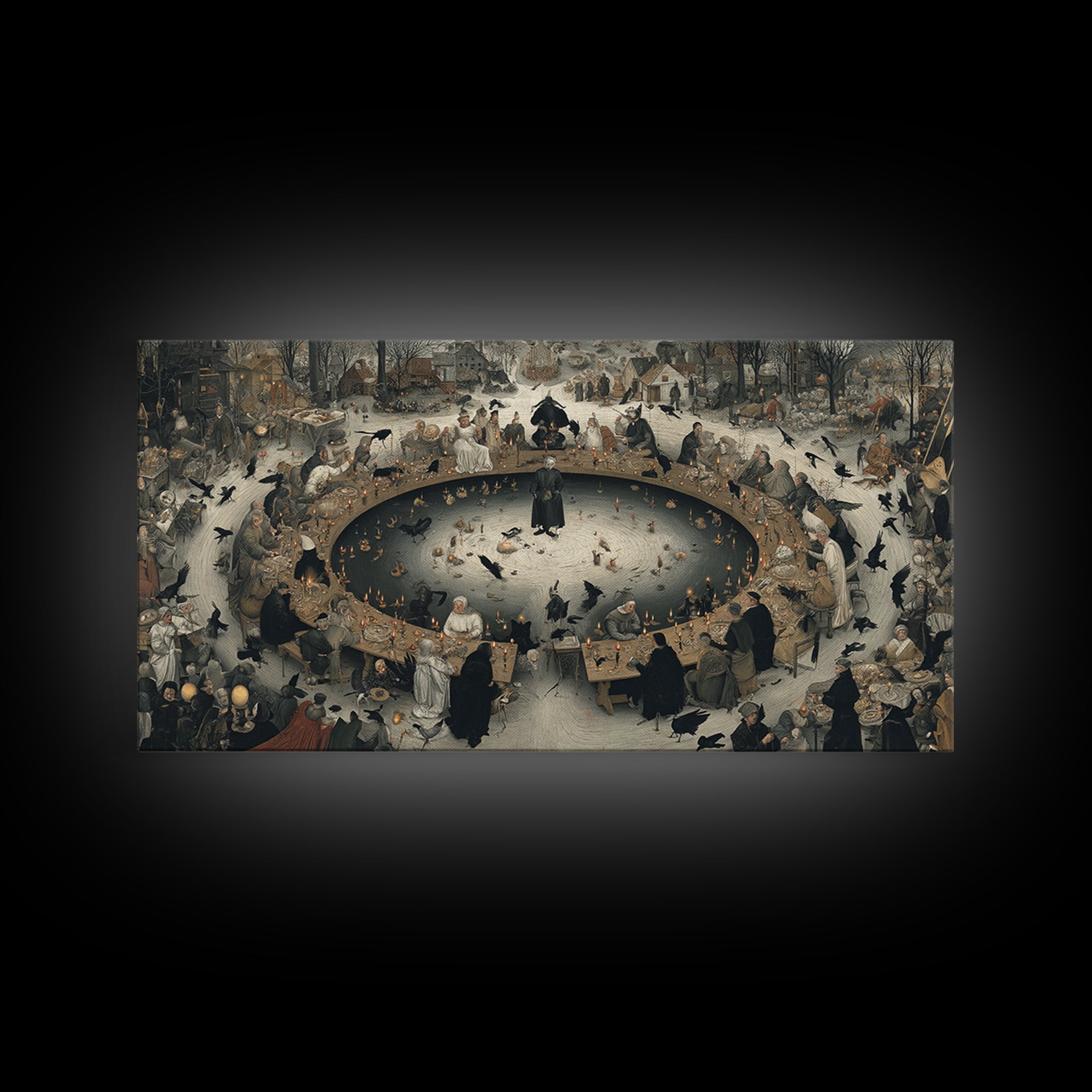 The Candlelit Seance, Northern Renaissance Horror, Wide Panoramic Art, Dark Halloween Decor, Canvas Print, Halloween Wall Art