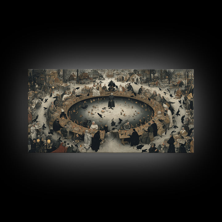 The Candlelit Seance, Northern Renaissance Horror, Wide Panoramic Art, Dark Halloween Decor, Canvas Print, Halloween Wall Art
