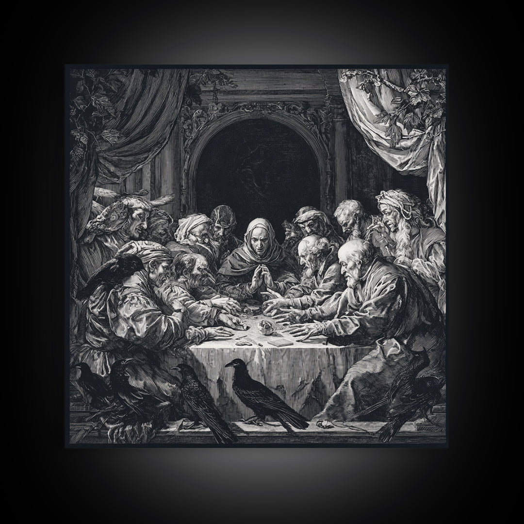 The Candlelit Seance, Renaissance Engraving Art, Square Wall Art, Dark Fantasy Wall Art, Canvas Print, Halloween Wall Art