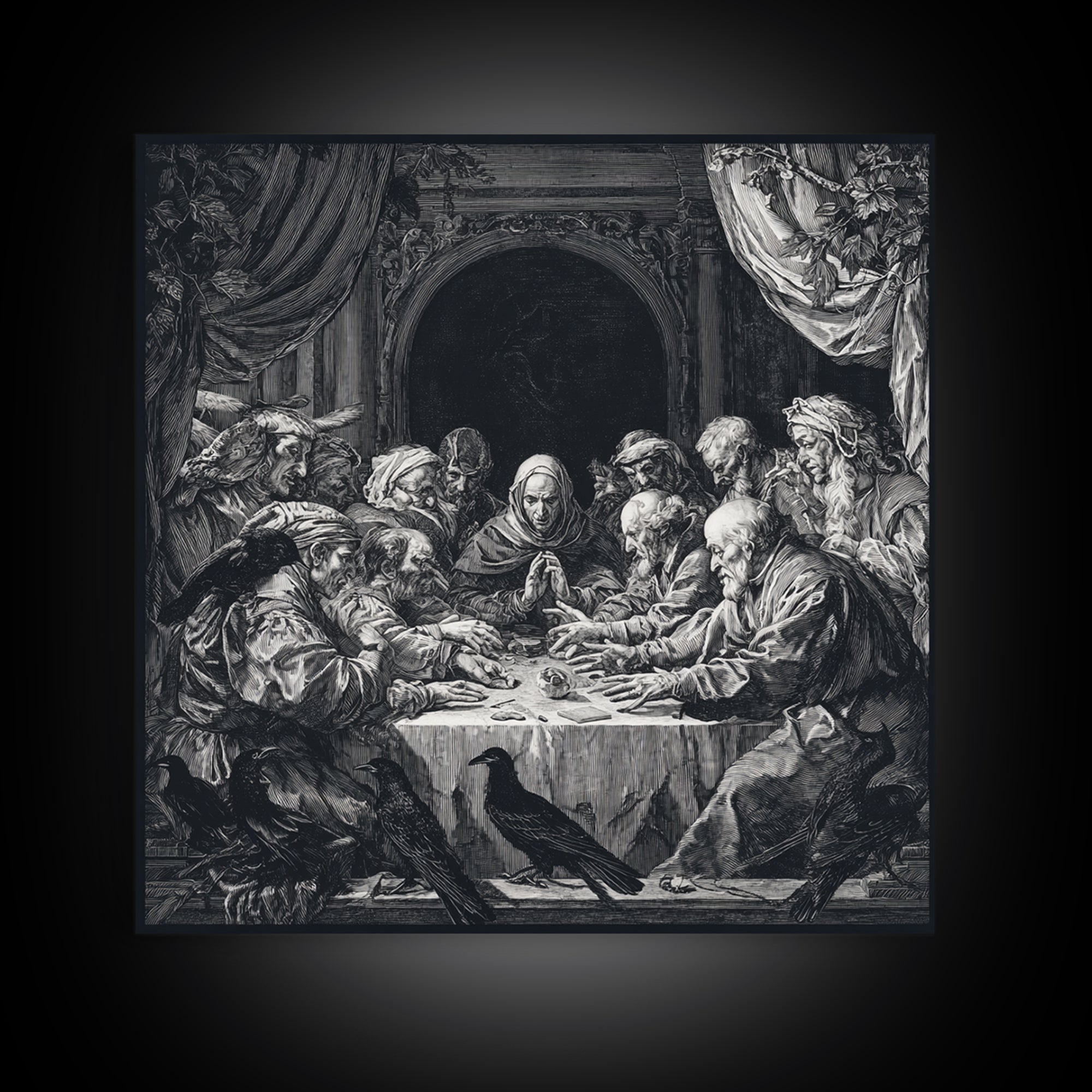 The Candlelit Seance, Renaissance Engraving Art, Square Wall Art, Dark Fantasy Wall Art, Canvas Print, Halloween Wall Art