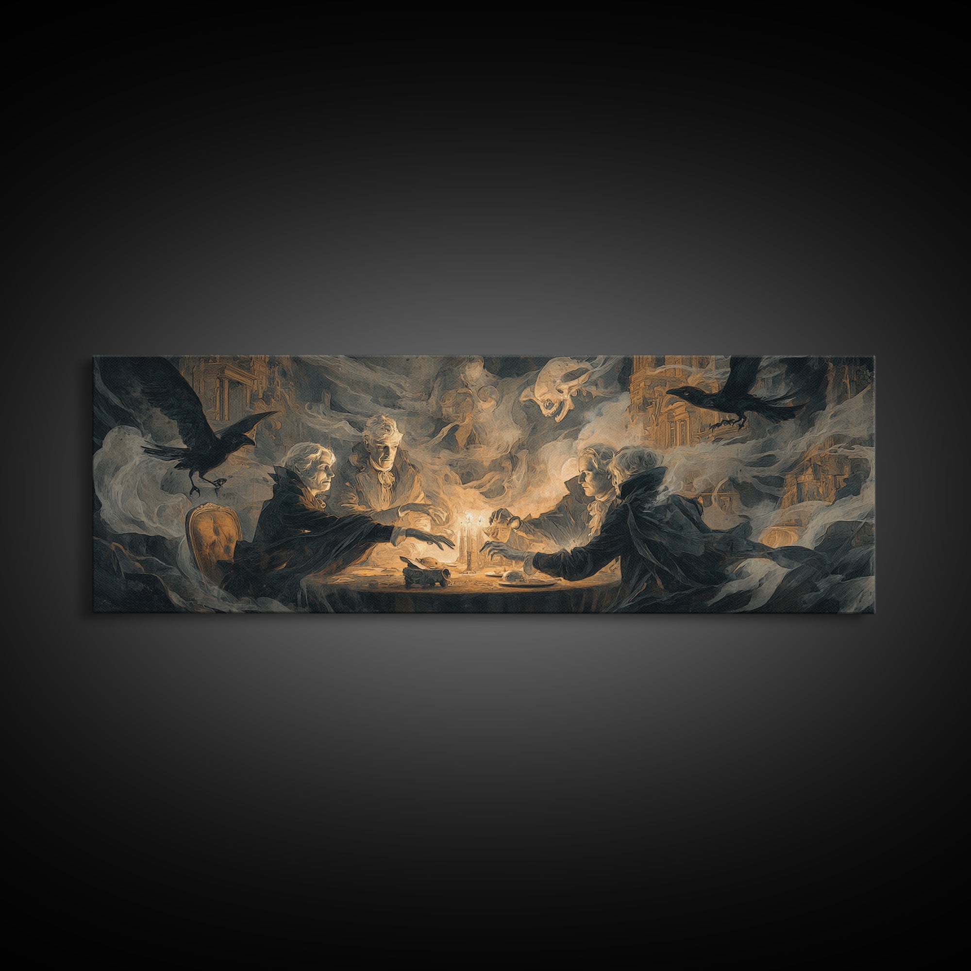 The Candlelit Seance, Apocalyptic Romantic Art, Extra Wide Wall Art, Dark Fantasy Wall Art, Framed Canvas Print, Halloween Wall Art