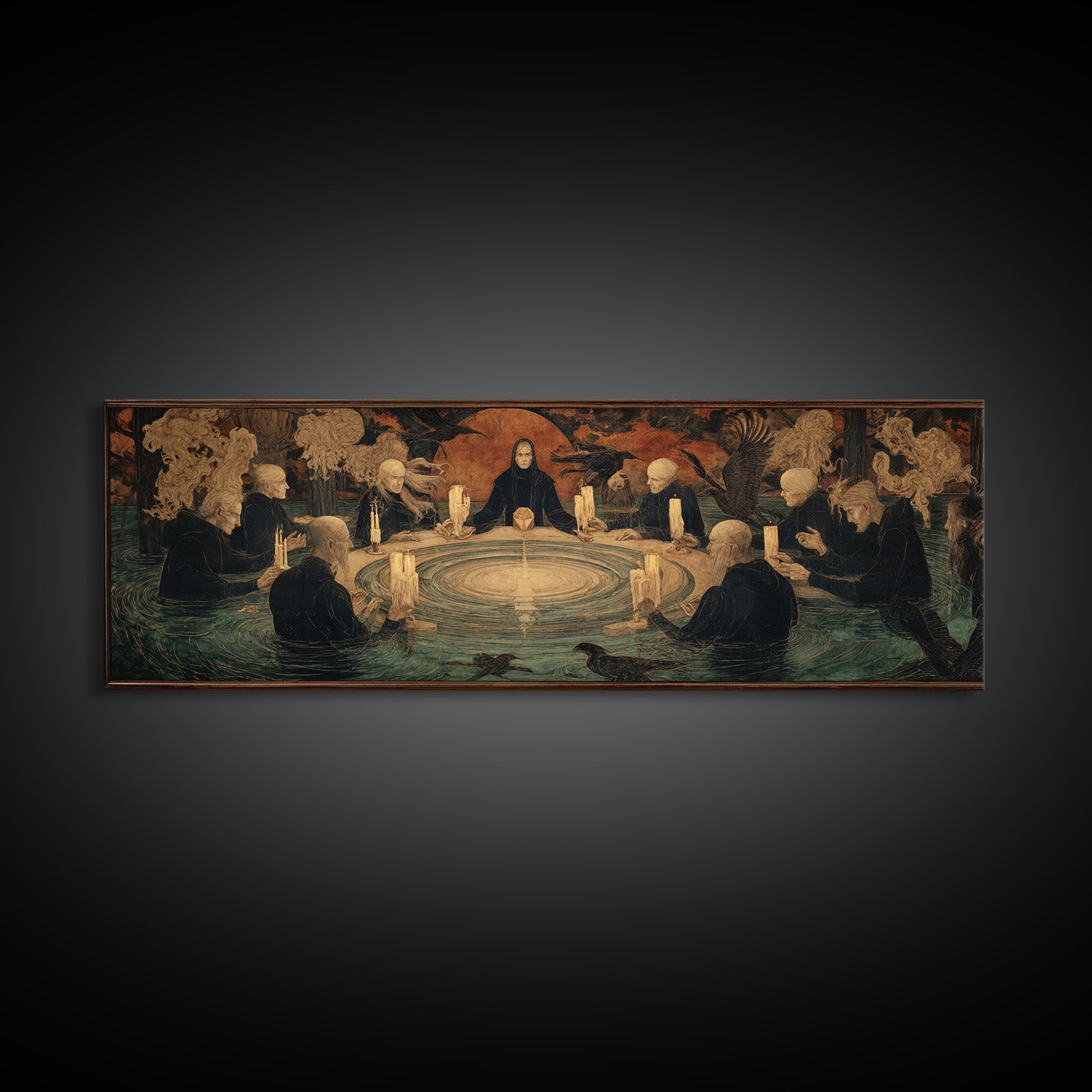 The Candlelit Seance, Symbolist Gothic Landscape, Extra Wide Wall Art, Dark Halloween Decor, Framed Canvas Print, Halloween Wall Art