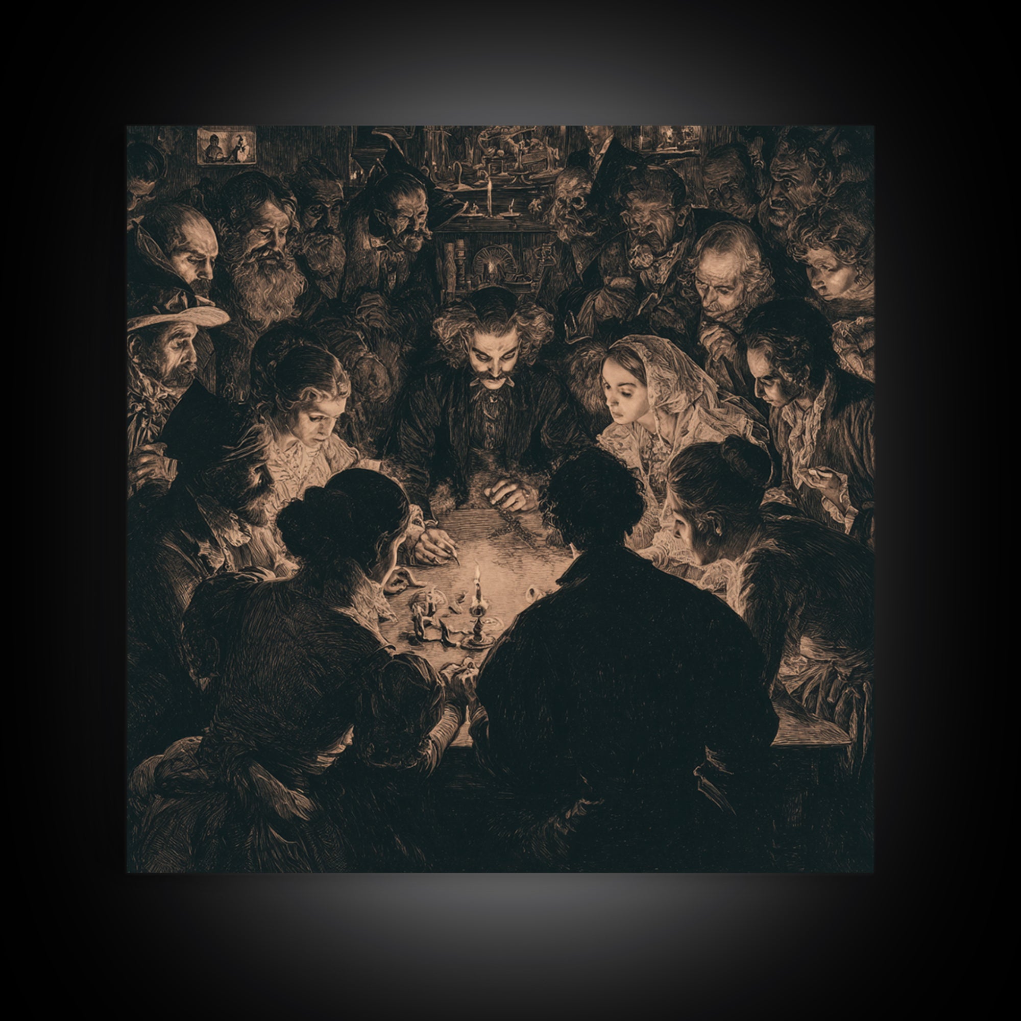 The Candlelit Seance, Symbolist Etching Art, Square Wall Art, Gothic Horror Wall Art, Canvas Print, Halloween Wall Art, Dark Fantasy Art