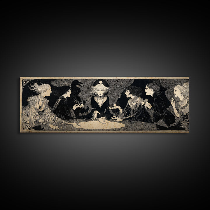 The Candlelit Seance, Decadent Line Art, Extra Wide Wall Art, Macabre Wall Art, Canvas Print, Halloween Wall Art