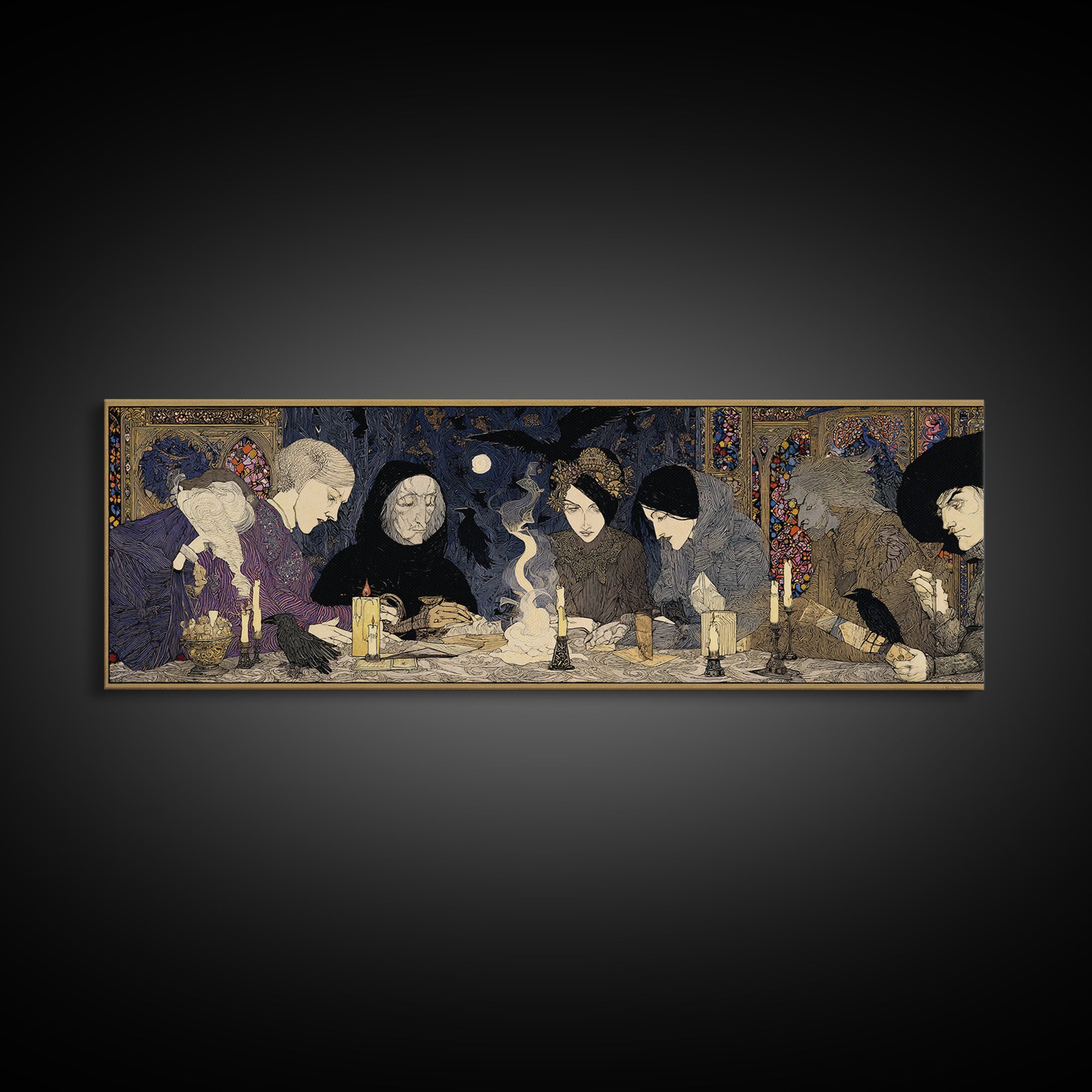 The Candlelit Seance, Stained Glass Gothic Art, Extra Wide Wall Art, Dark Fantasy Wall Art, Framed Canvas Print, Halloween Wall Art