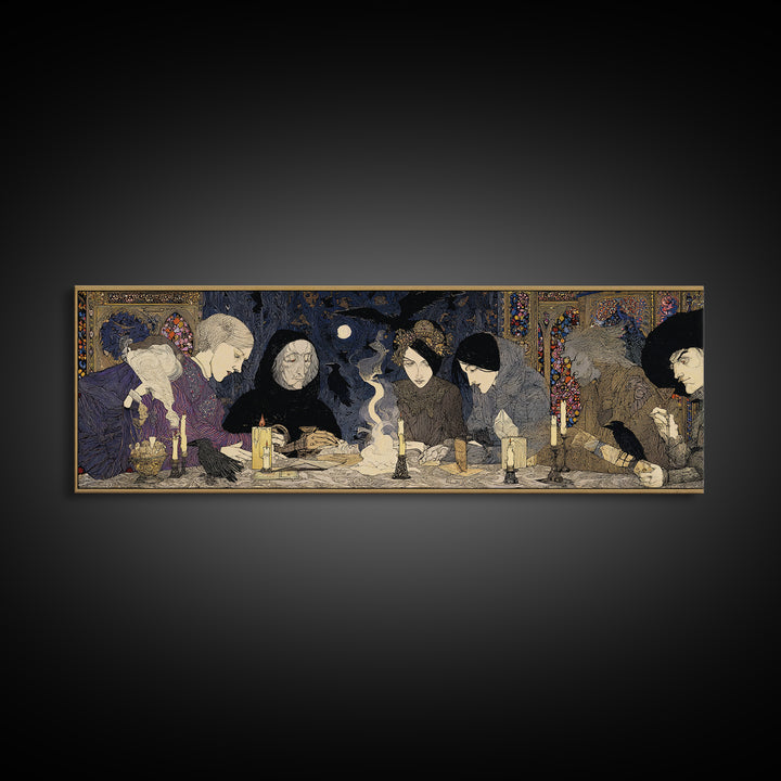 The Candlelit Seance, Stained Glass Gothic Art, Extra Wide Wall Art, Dark Fantasy Wall Art, Framed Canvas Print, Halloween Wall Art