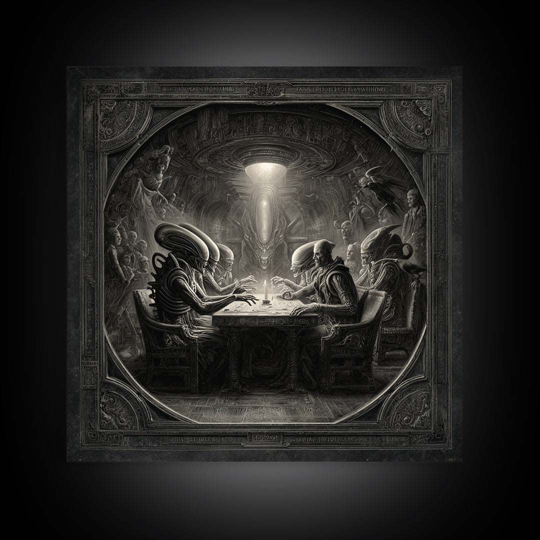 The Candlelit Seance, Biomechanical Horror Art, Square Wall Art, Macabre Wall Art, Framed Canvas Print, Halloween Wall Art
