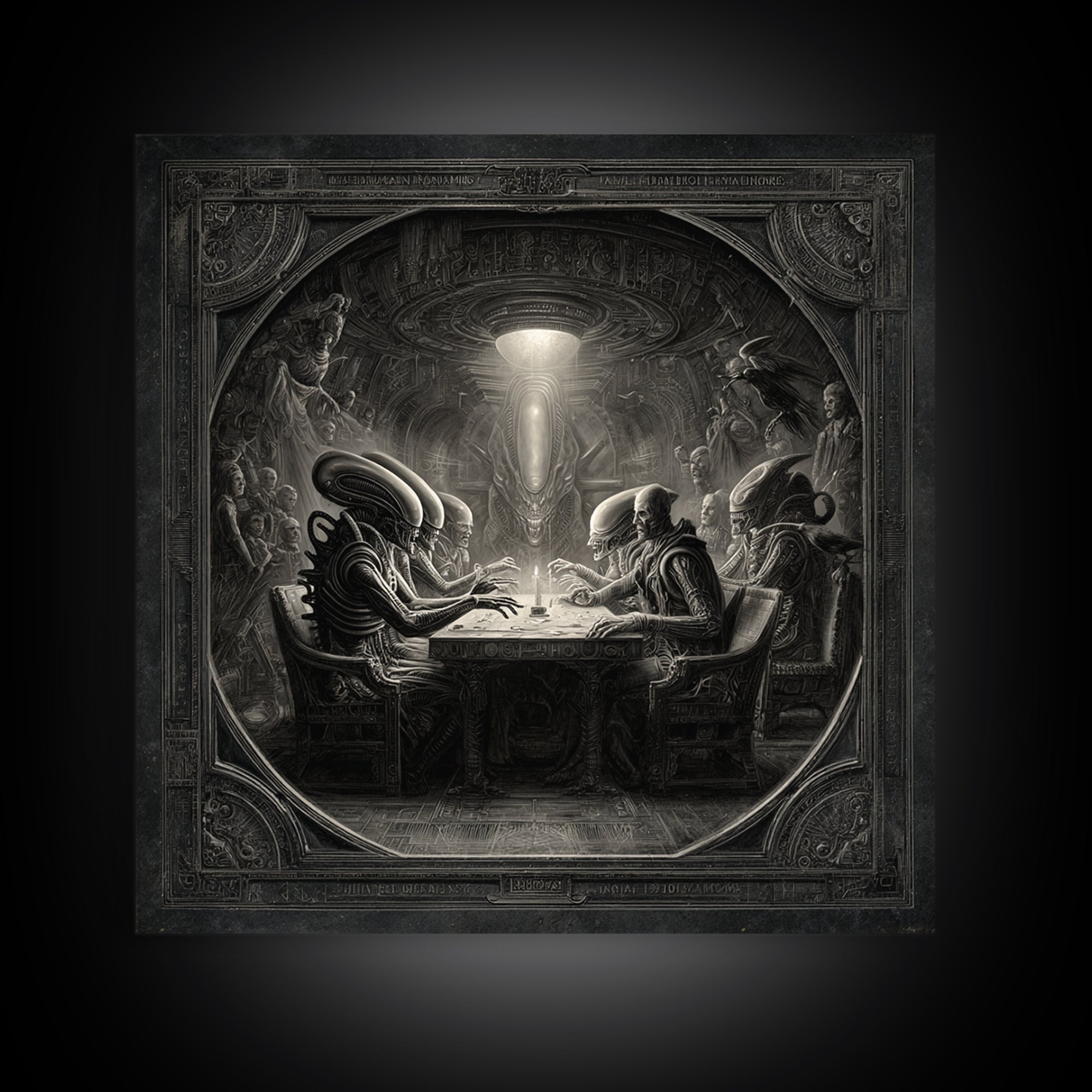 The Candlelit Seance, Biomechanical Horror Art, Square Wall Art, Macabre Wall Art, Framed Canvas Print, Halloween Wall Art