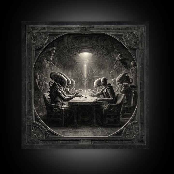 The Candlelit Seance, Biomechanical Horror Art, Square Wall Art, Macabre Wall Art, Framed Canvas Print, Halloween Wall Art