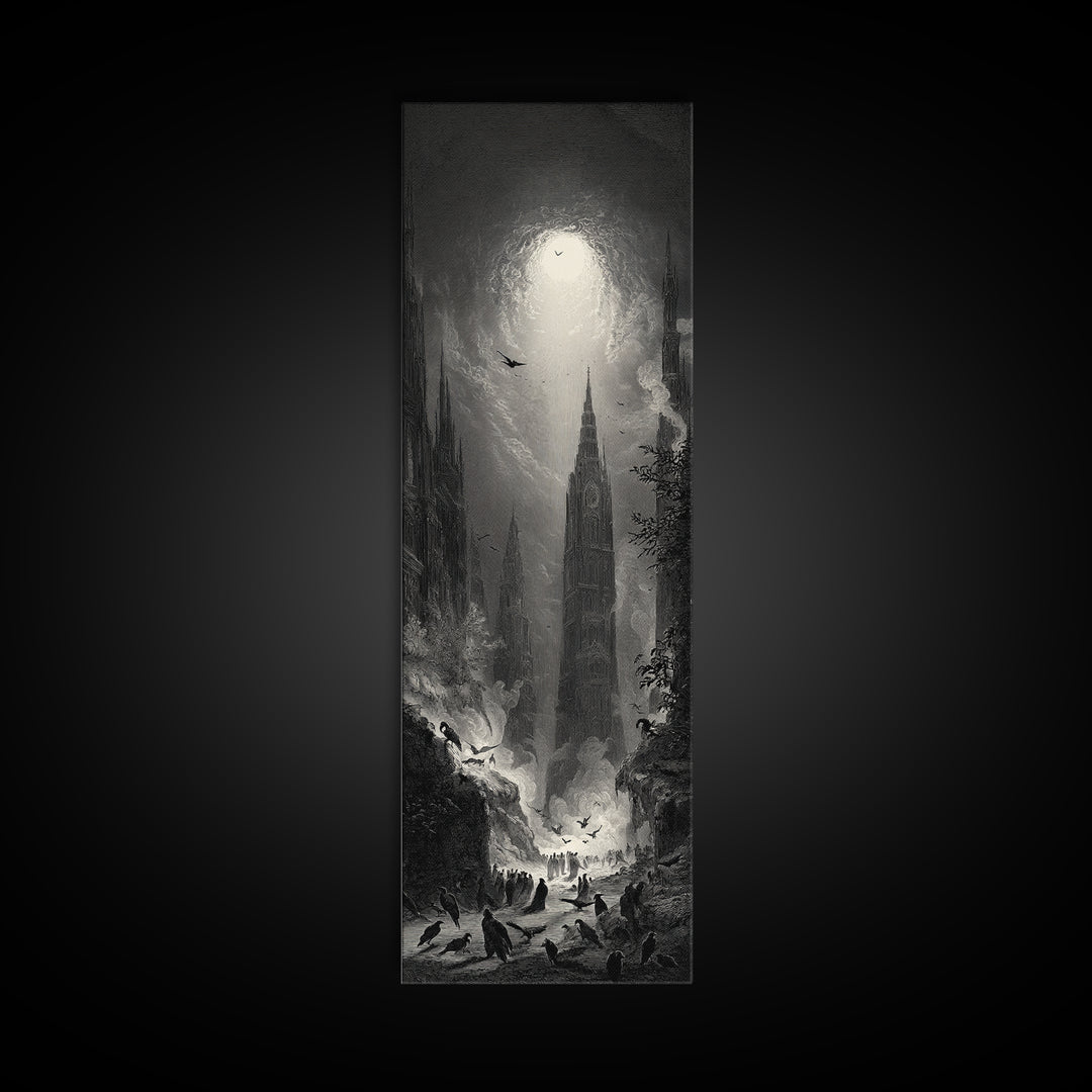 The Raven Funeral, Gothic Engraving Art, Tall Narrow Wall Art, Macabre Wall Art, Canvas Print, Halloween Wall Art, Gothic Home Decor
