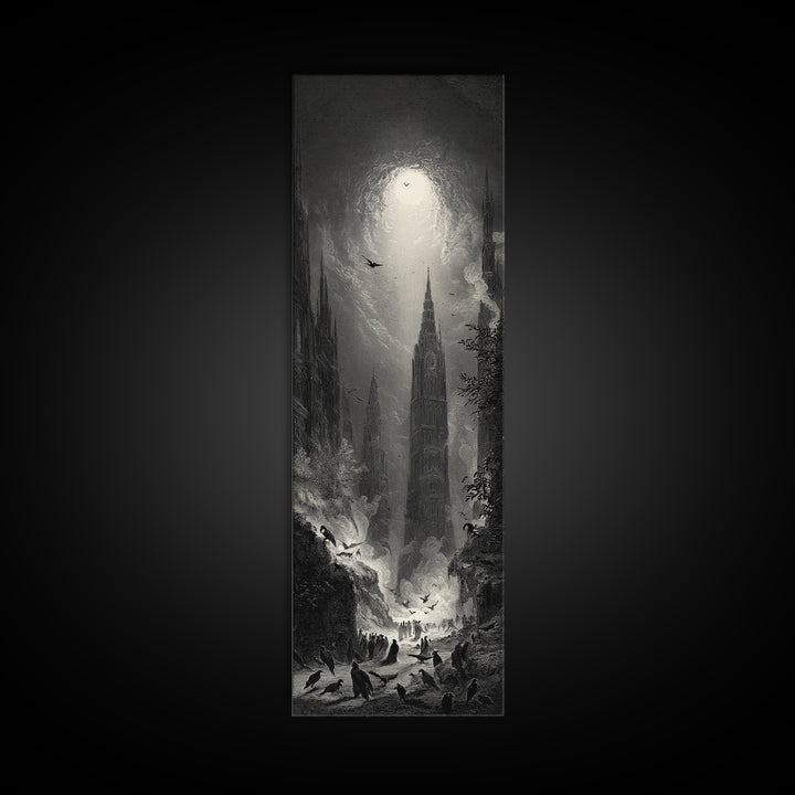The Raven Funeral, Gothic Engraving Art, Tall Narrow Wall Art, Macabre Wall Art, Canvas Print, Halloween Wall Art, Gothic Home Decor
