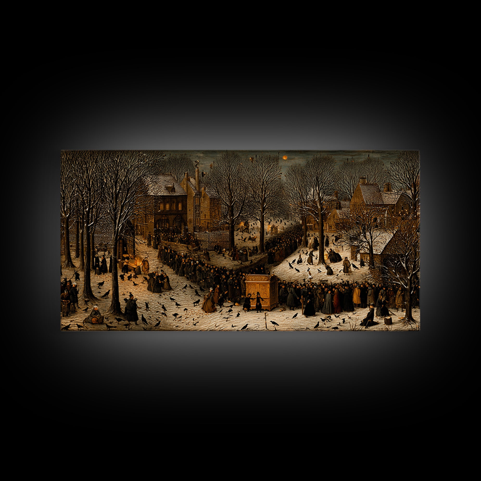 The Raven Funeral, Northern Renaissance Horror, Wide Panoramic Art, Macabre Wall Art, Framed Canvas Print, Halloween Wall Art