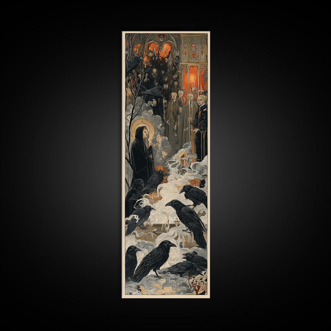 The Raven Funeral, Dark Renaissance Art, Tall Narrow Wall Art, Gothic Horror Wall Art, Canvas Print, Halloween Wall Art