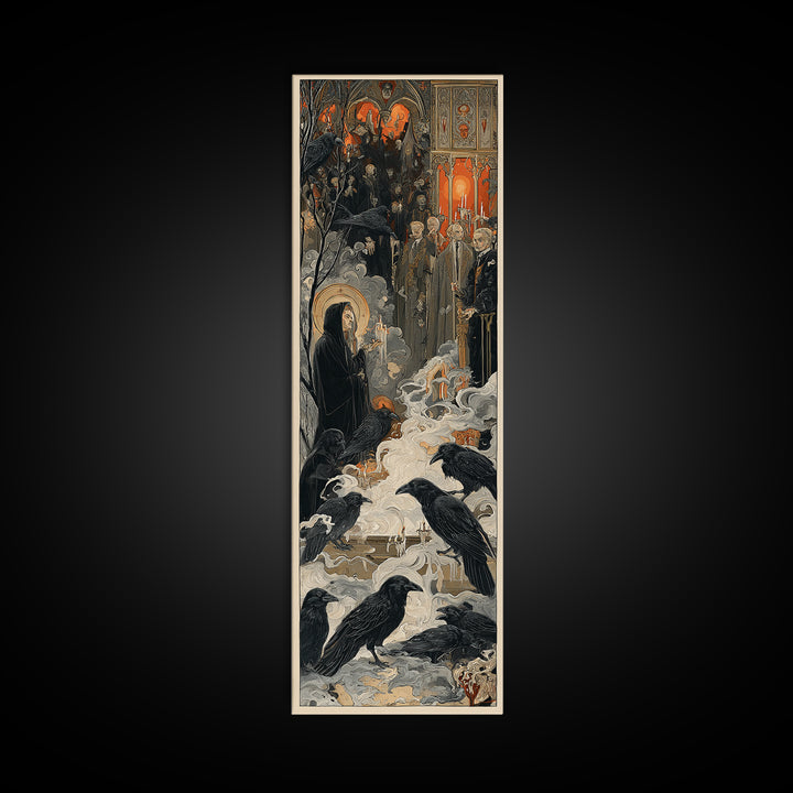 The Raven Funeral, Dark Renaissance Art, Tall Narrow Wall Art, Gothic Horror Wall Art, Canvas Print, Halloween Wall Art
