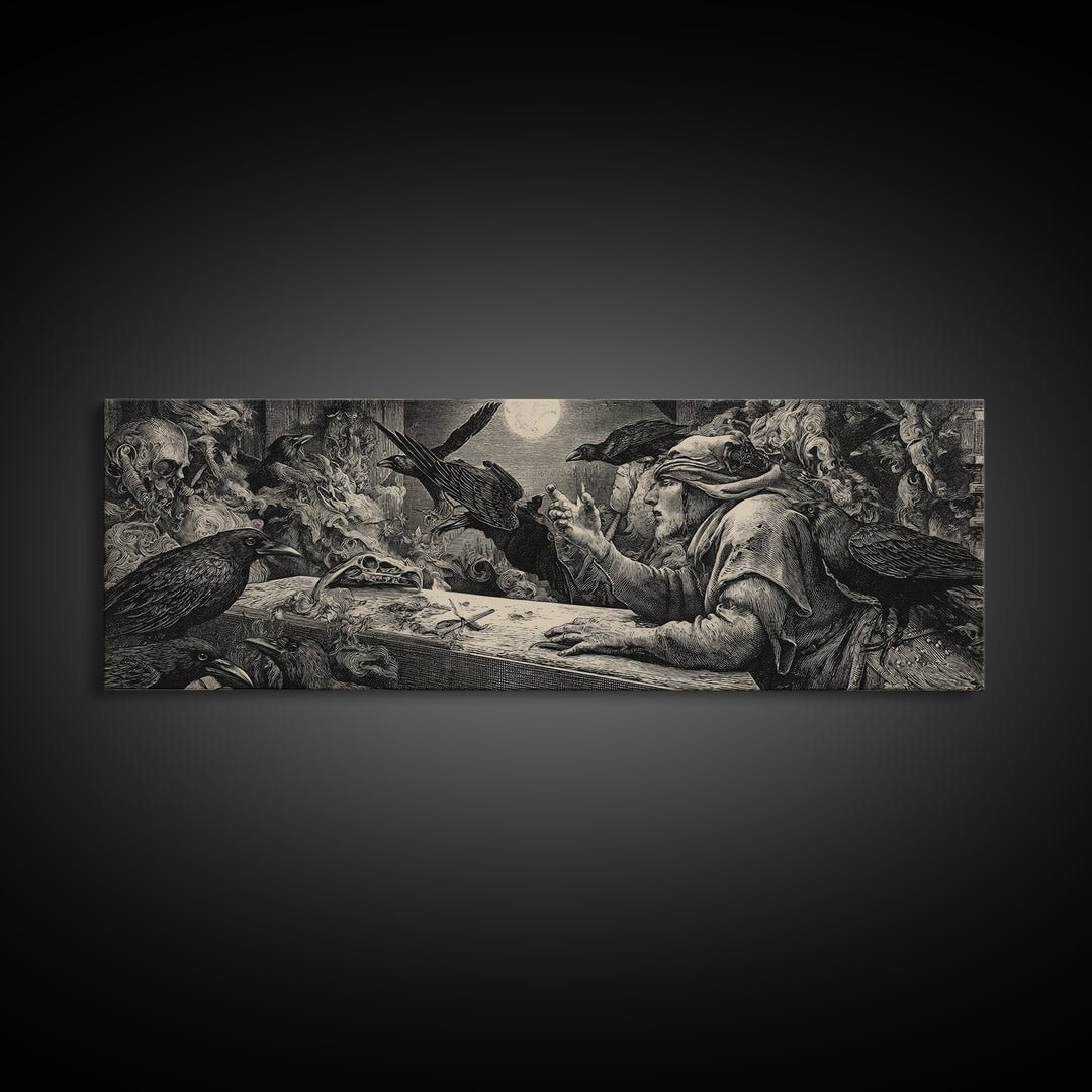 The Raven Funeral, Renaissance Engraving Art, Extra Wide Wall Art, Dark Fantasy Wall Art, Framed Canvas Print, Halloween Wall Art