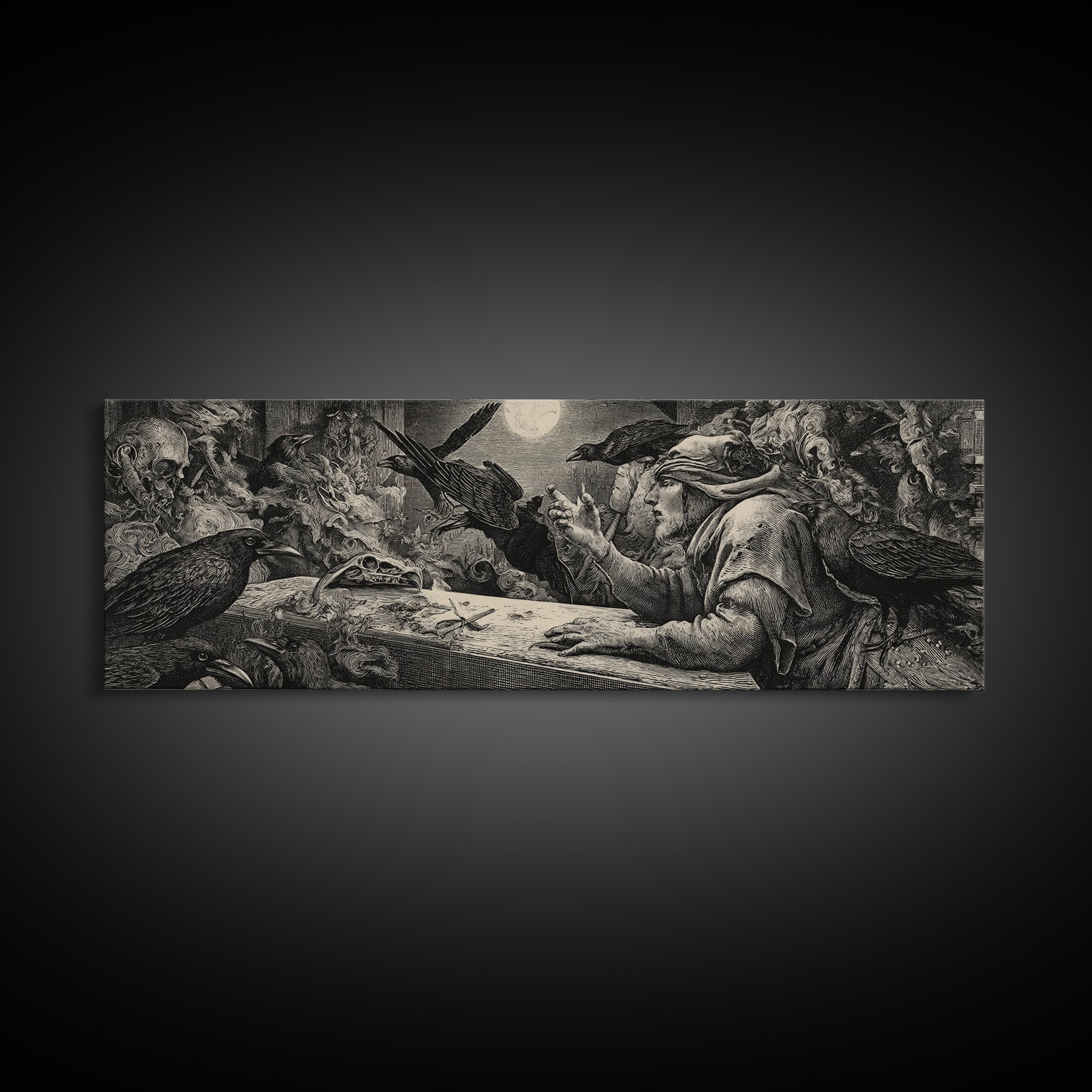The Raven Funeral, Renaissance Engraving Art, Extra Wide Wall Art, Dark Fantasy Wall Art, Framed Canvas Print, Halloween Wall Art