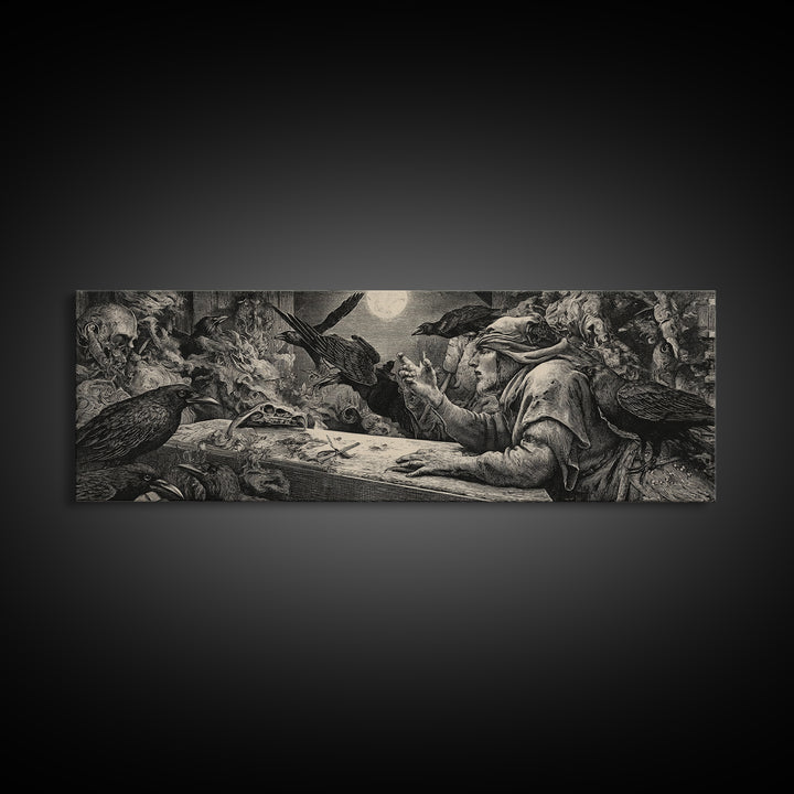 The Raven Funeral, Renaissance Engraving Art, Extra Wide Wall Art, Dark Fantasy Wall Art, Framed Canvas Print, Halloween Wall Art
