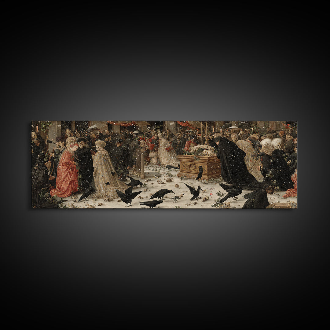 The Raven Funeral, Danse Macabre Art, Extra Wide Wall Art, Dark Halloween Decor, Canvas Print, Halloween Wall Art
