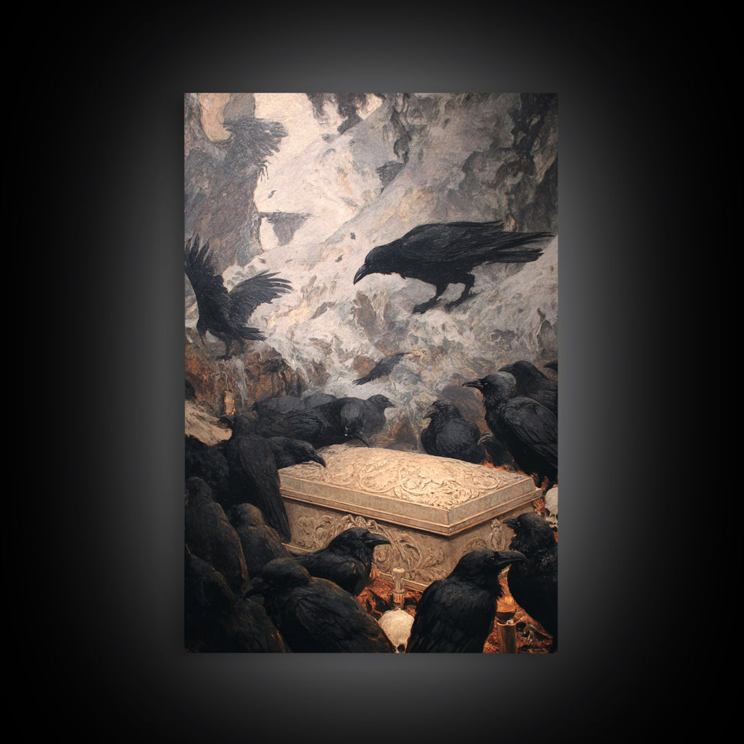 The Raven Funeral, Baroque Witchcraft Art, Vertical Wall Art, Macabre Wall Art, Framed Canvas Print, Halloween Wall Art