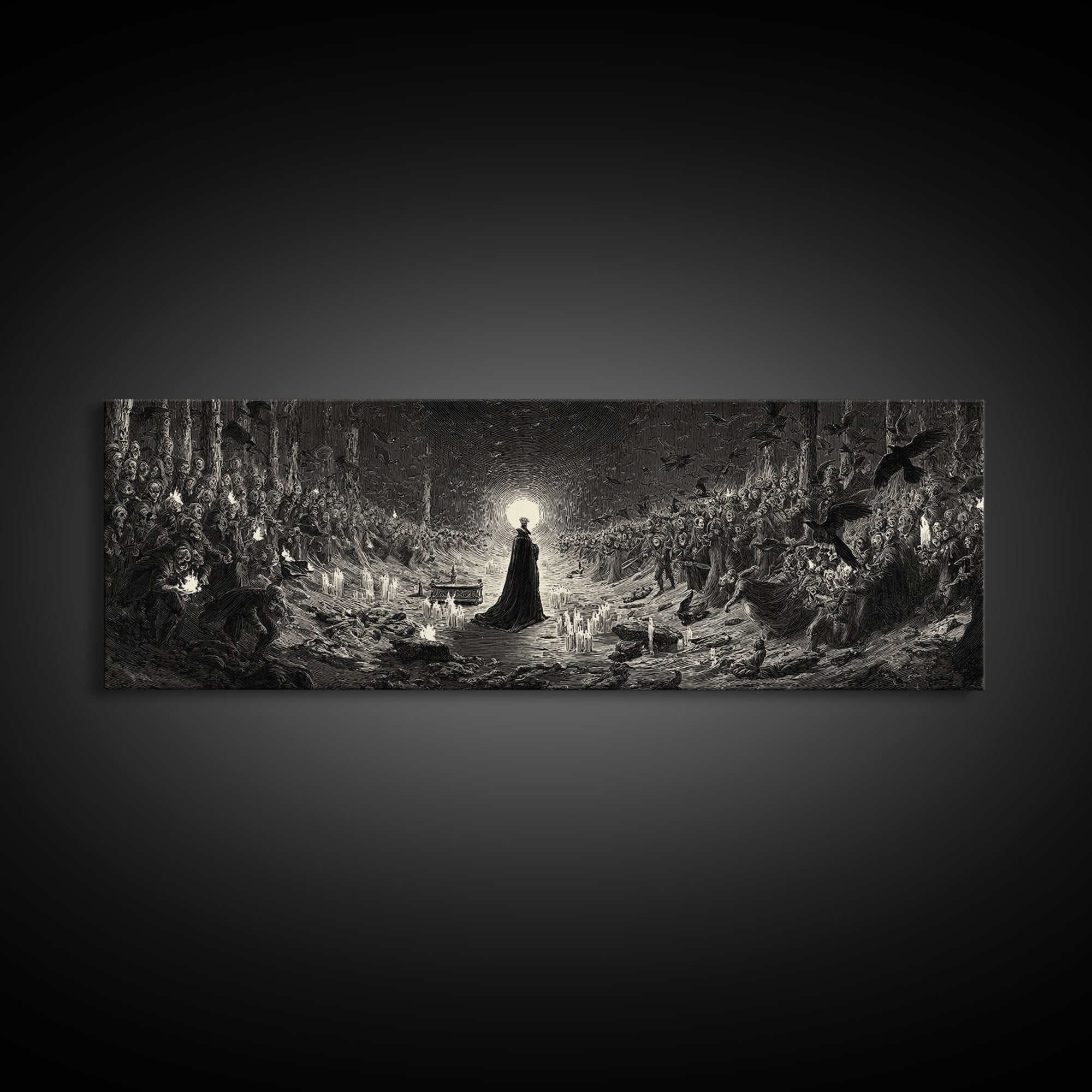 The Raven Funeral, Dark Romantic Horror Art, Extra Wide Wall Art, Gothic Horror Wall Art, Canvas Print, Halloween Wall Art