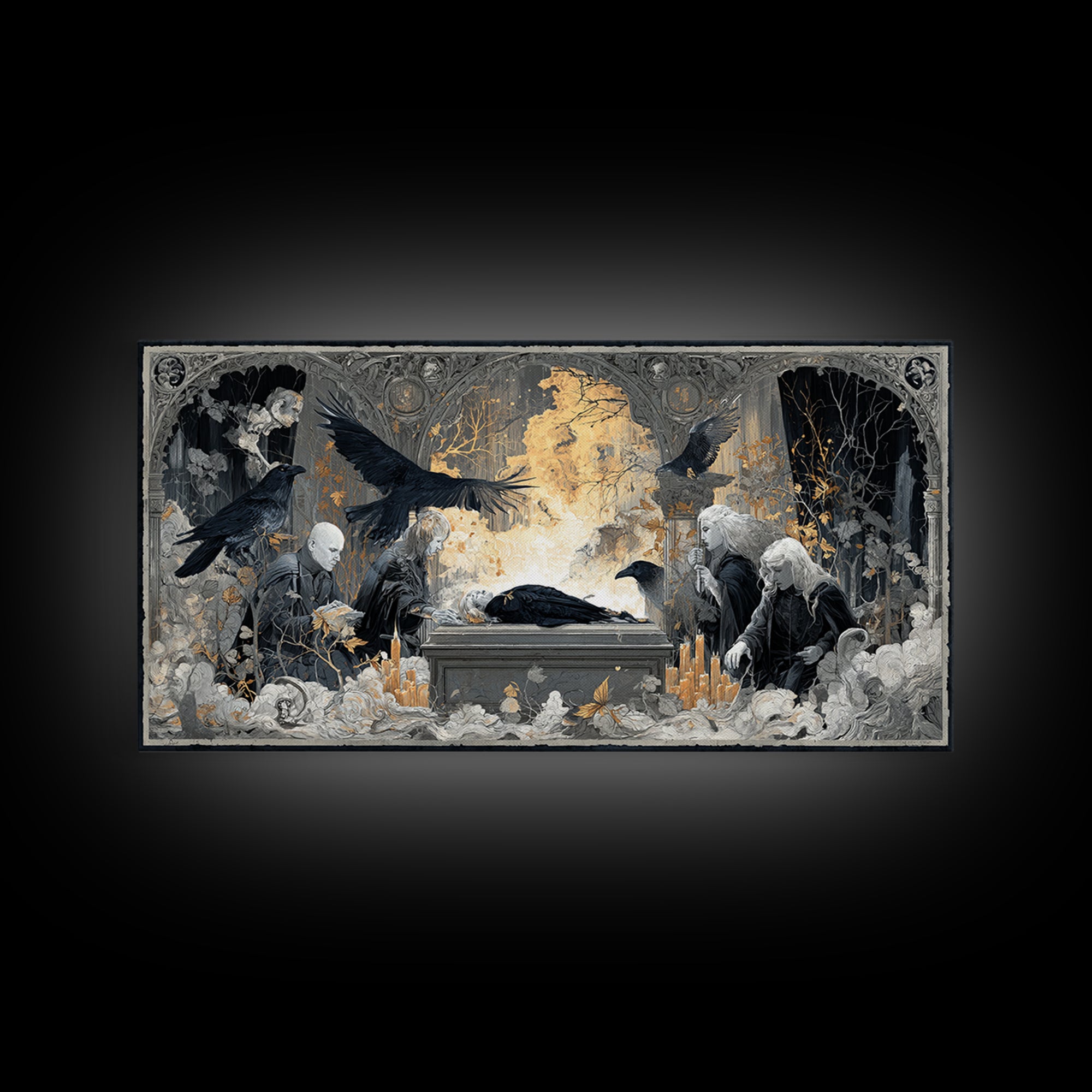 The Raven Funeral, Visionary Gothic Art, Wide Panoramic Art, Macabre Wall Art, Canvas Print, Halloween Wall Art