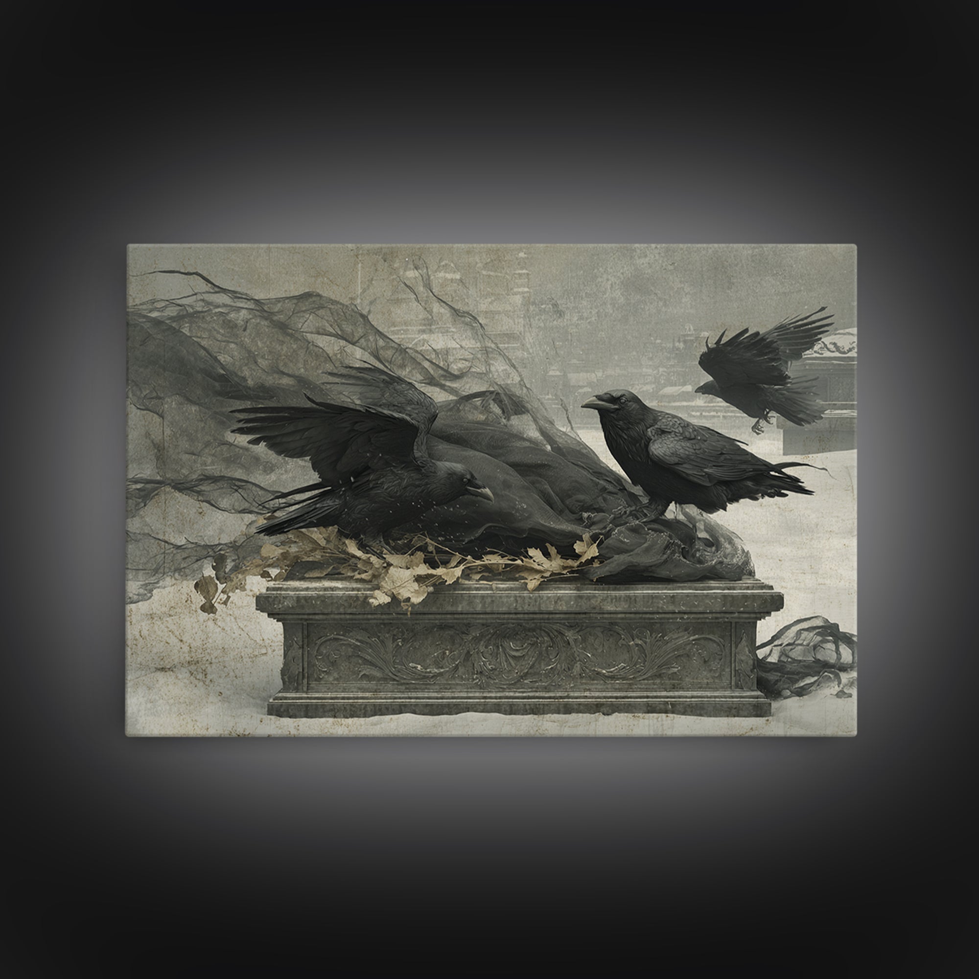 The Raven Funeral, Romantic Gothic Landscape, Landscape Wall Art, Dark Halloween Decor, Canvas Print, Halloween Wall Art