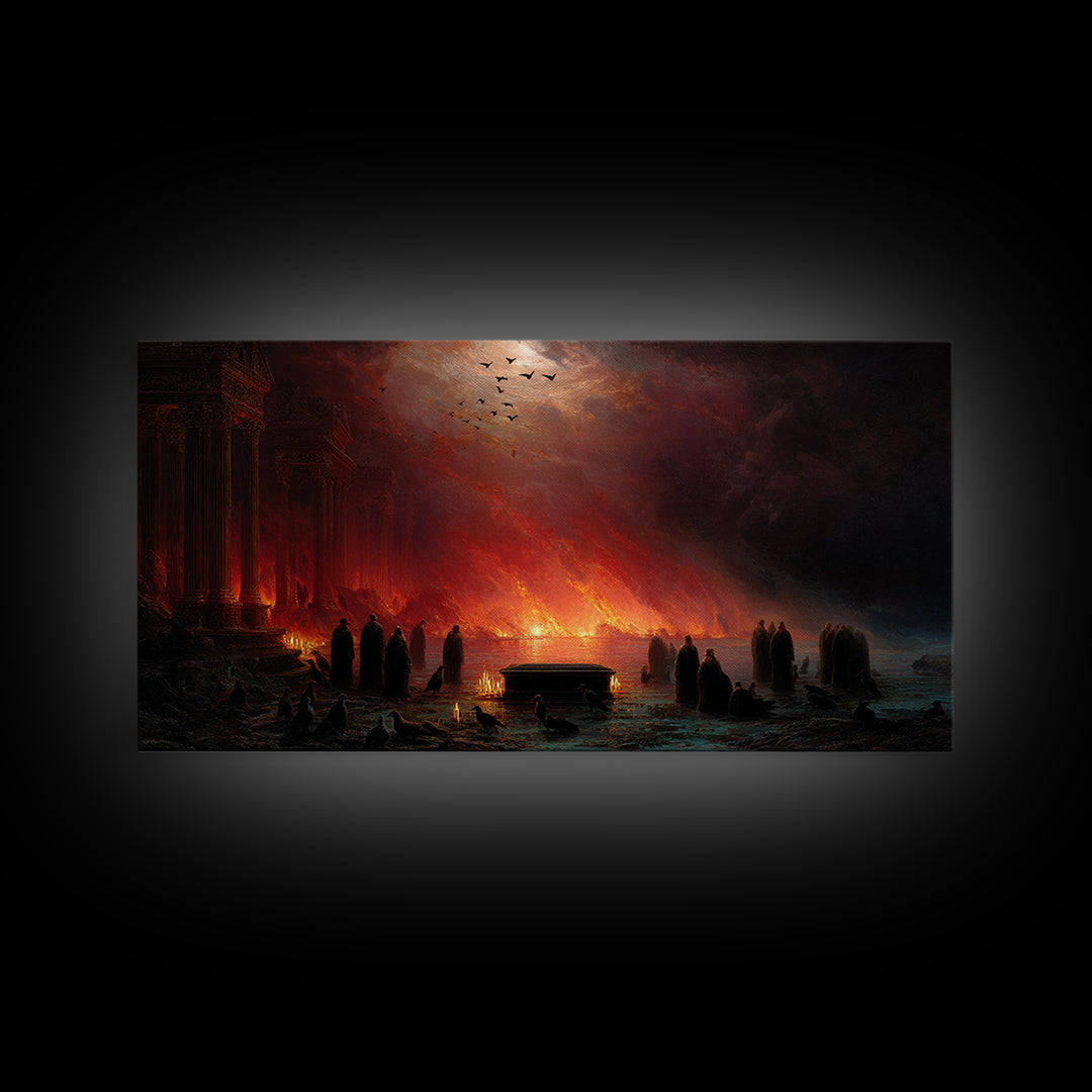 The Raven Funeral, Apocalyptic Romantic Art, Wide Panoramic Art, Macabre Wall Art, Framed Canvas Print, Halloween Wall Art