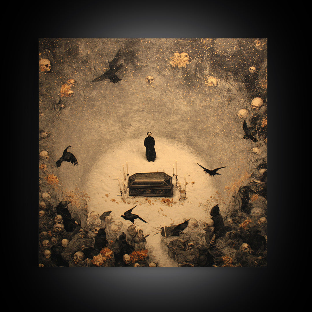 The Raven Funeral, Symbolist Dream Art, Square Wall Art, Gothic Horror Wall Art, Framed Canvas Print, Halloween Wall Art