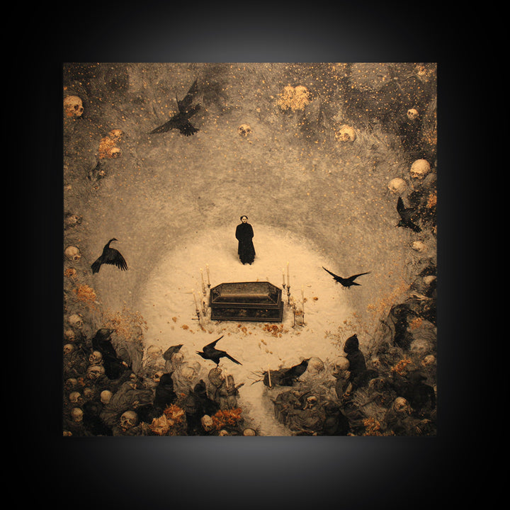 The Raven Funeral, Symbolist Dream Art, Square Wall Art, Gothic Horror Wall Art, Framed Canvas Print, Halloween Wall Art
