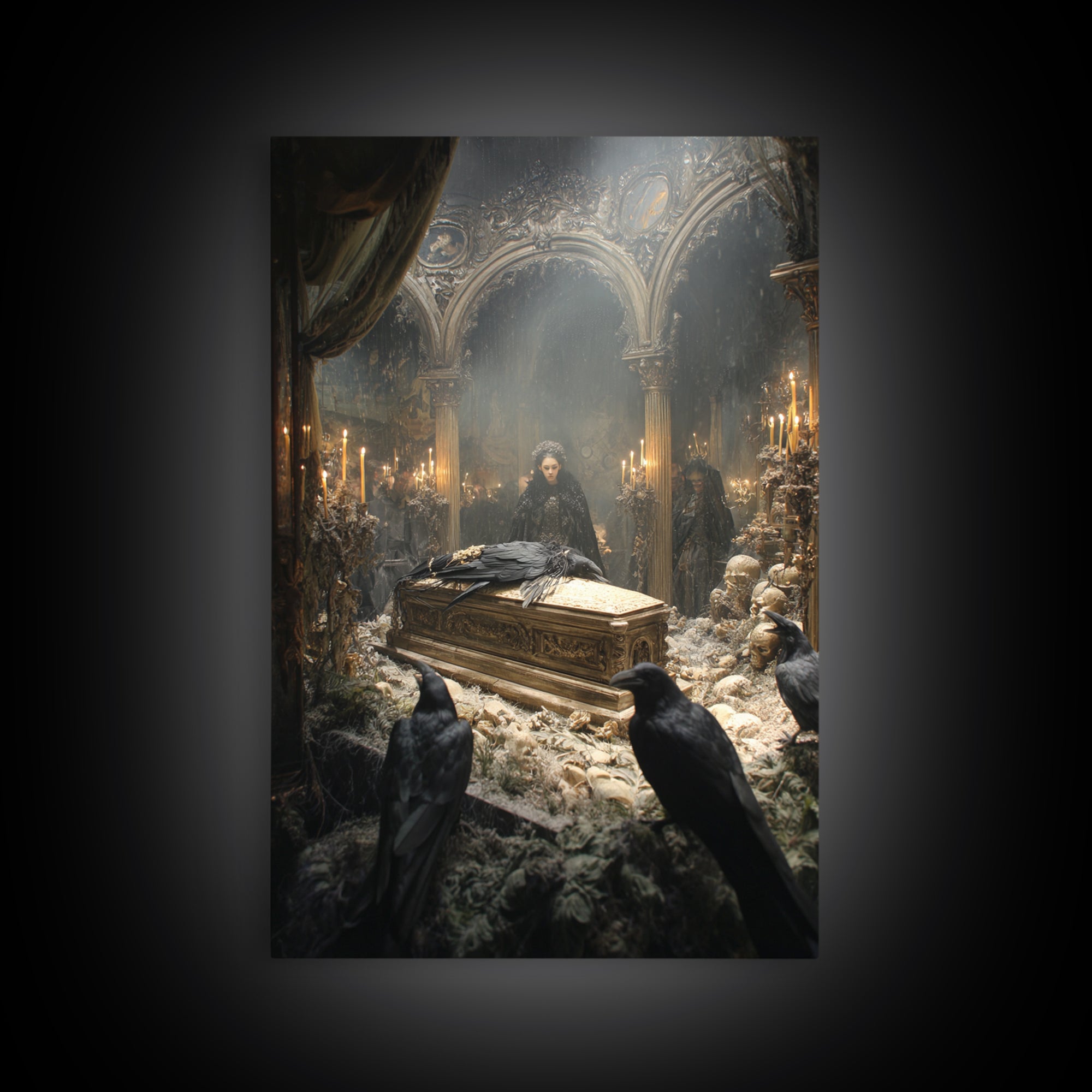 The Raven Funeral, Ornate Symbolist Art, Vertical Wall Art, Dark Halloween Decor, Framed Canvas Print, Halloween Wall Art