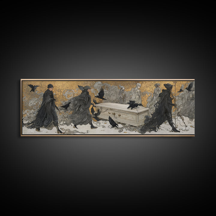 The Raven Funeral, Symbolist Death Art, Extra Wide Wall Art, Gothic Horror Wall Art, Canvas Print, Halloween Wall Art